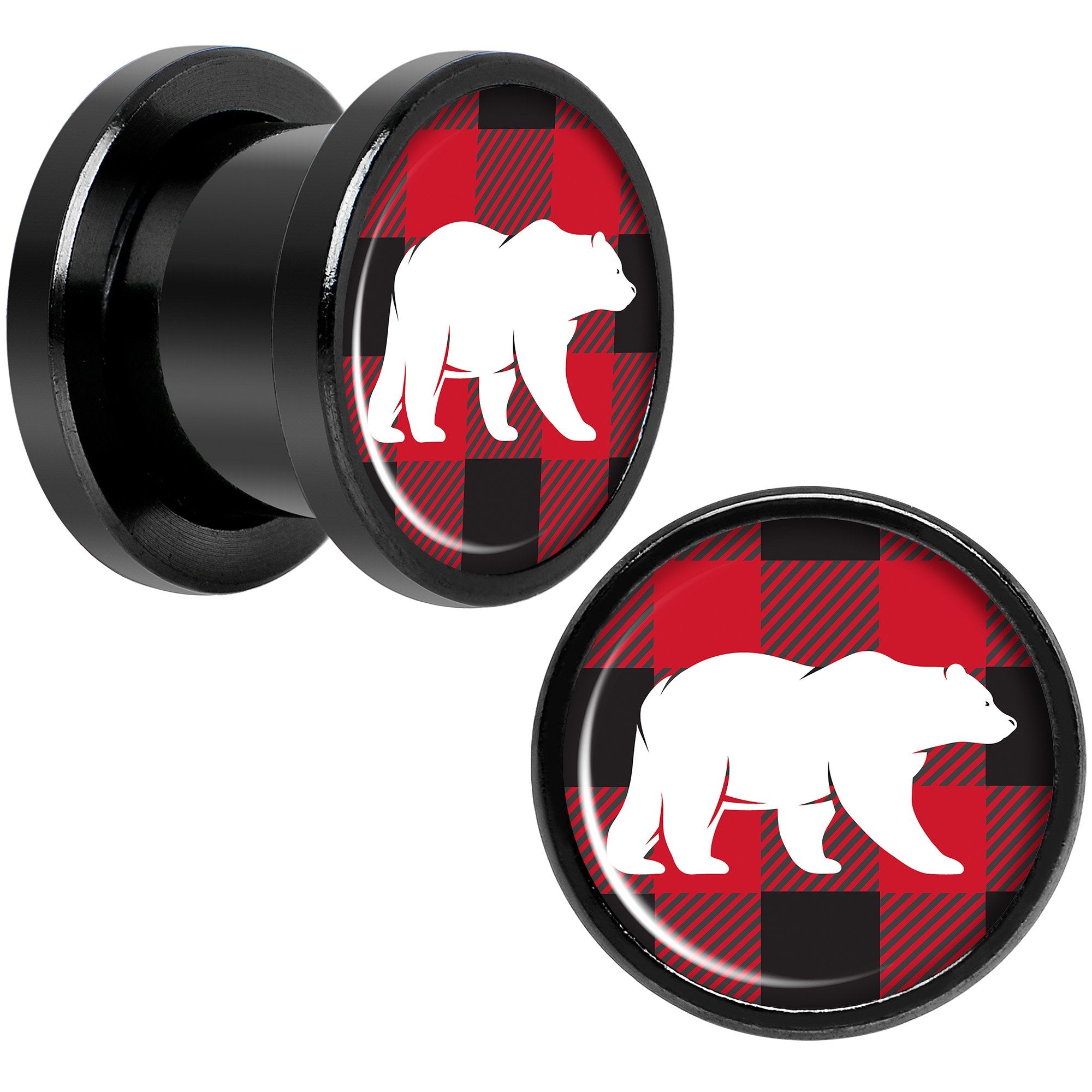 Red Black Plaid Polar Bear Black Screw Fit Plug Set Sizes 5mm to 20mm