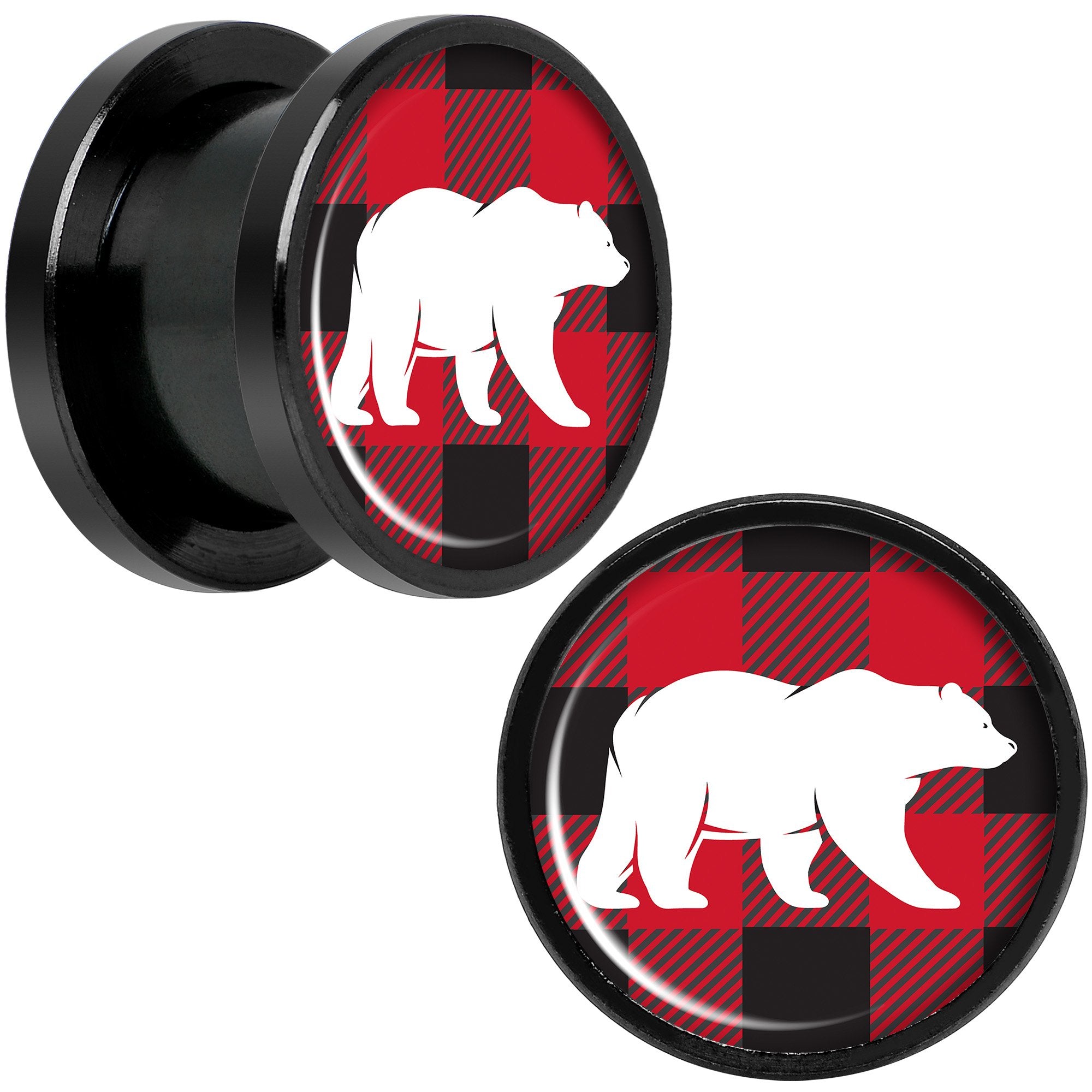 Red Black Plaid Polar Bear Black Screw Fit Plug Set Sizes 5mm to 20mm