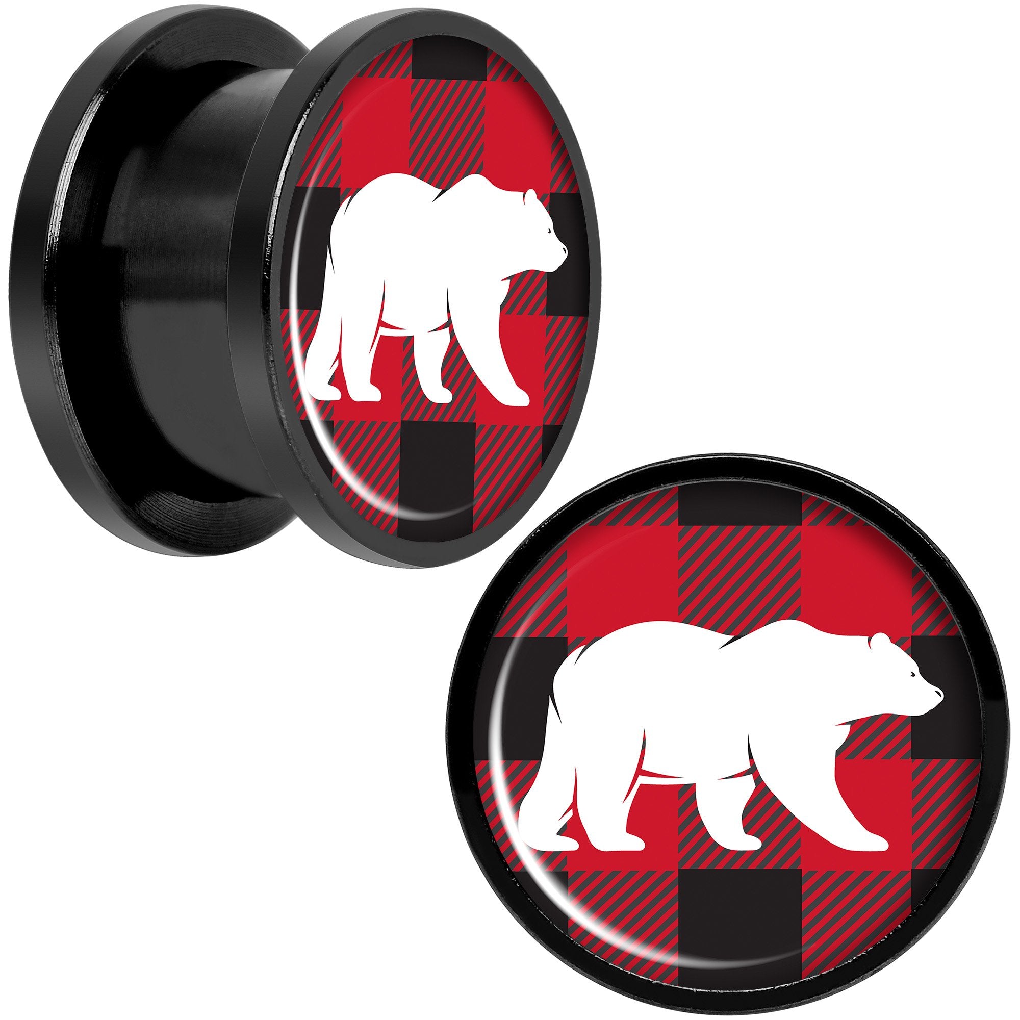 Red Black Plaid Polar Bear Black Screw Fit Plug Set Sizes 5mm to 20mm