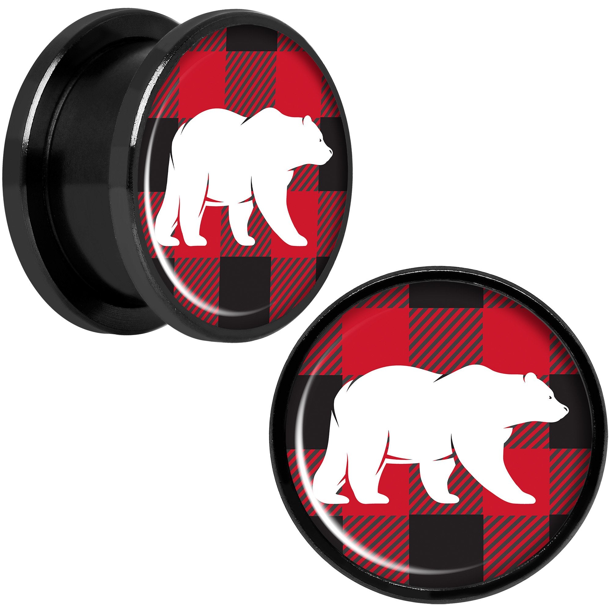 Red Black Plaid Polar Bear Black Screw Fit Plug Set Sizes 5mm to 20mm