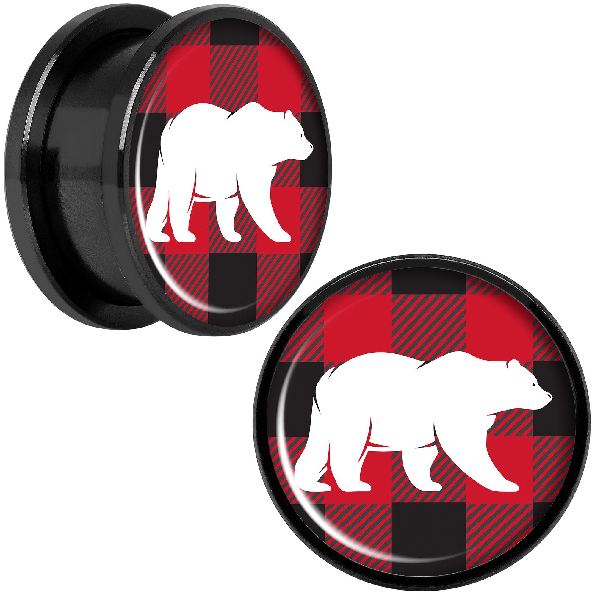 Red Black Plaid Polar Bear Black Screw Fit Plug Set Sizes 5mm to 20mm