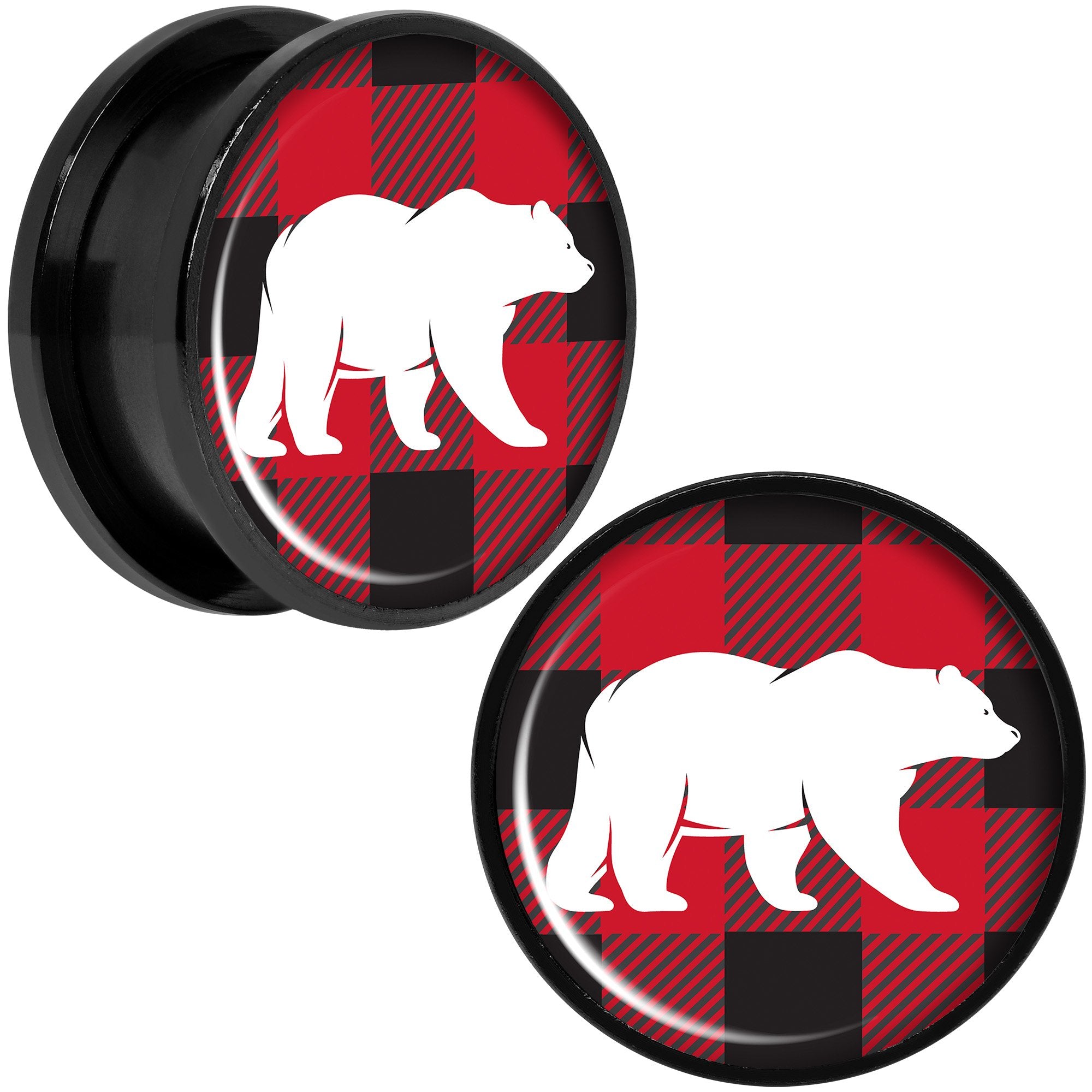 Red Black Plaid Polar Bear Black Screw Fit Plug Set Sizes 5mm to 20mm