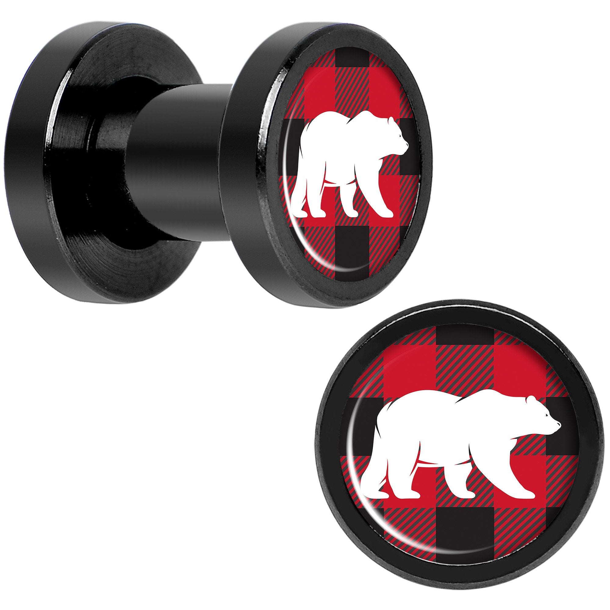 Red Black Plaid Polar Bear Black Screw Fit Plug Set Sizes 5mm to 20mm