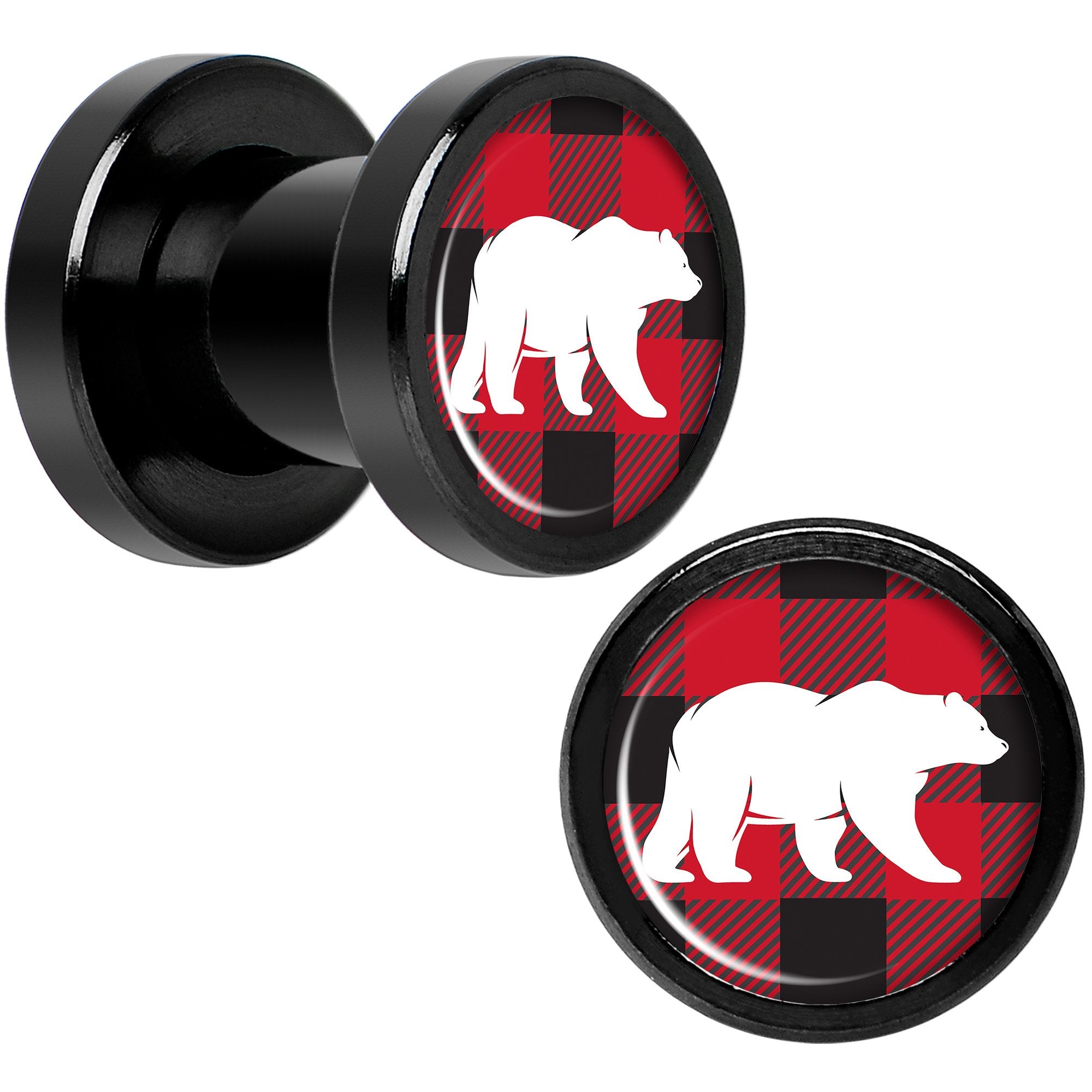 Red Black Plaid Polar Bear Black Screw Fit Plug Set Sizes 5mm to 20mm