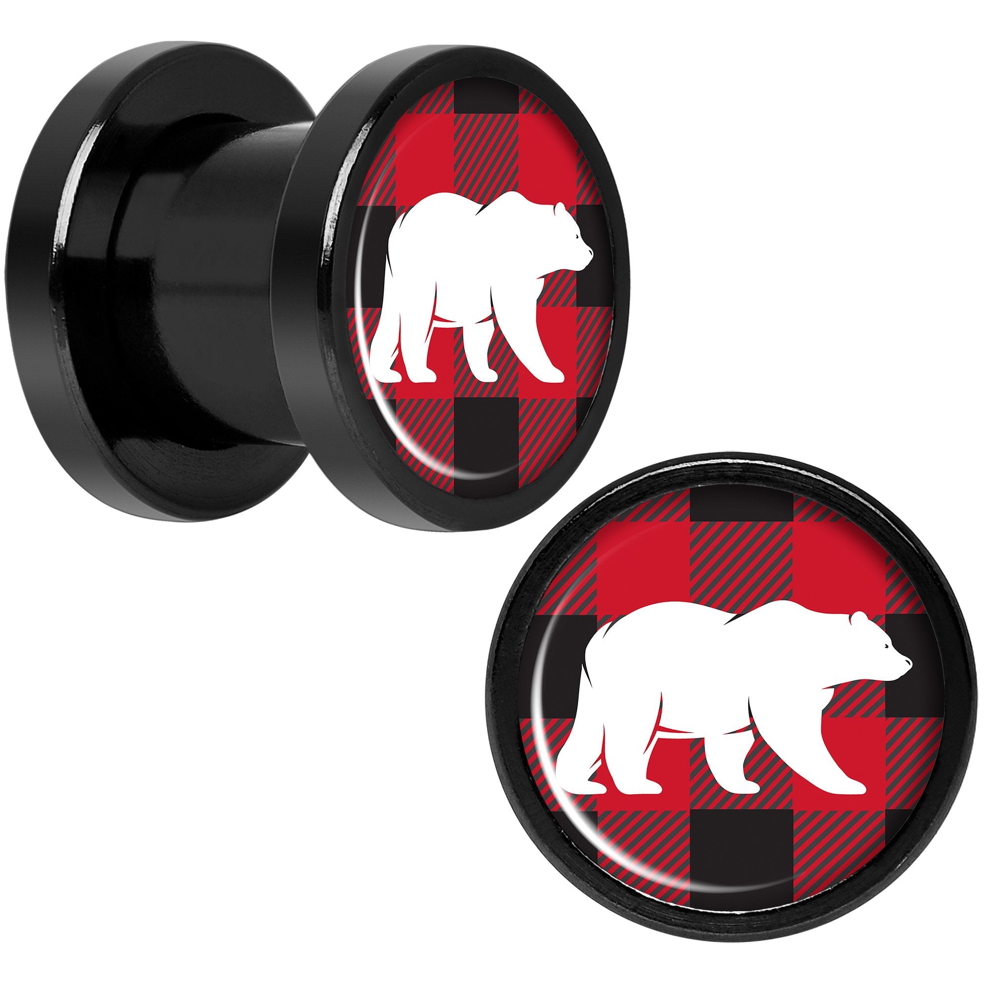 Red Black Plaid Polar Bear Black Screw Fit Plug Set Sizes 5mm to 20mm