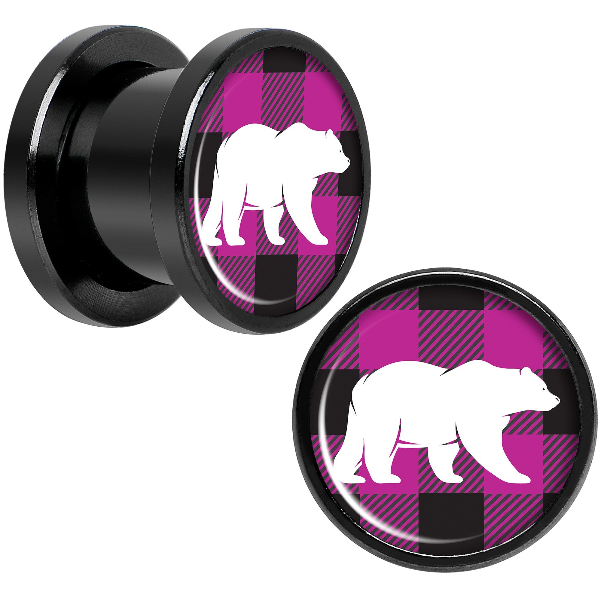 Pink Black Plaid Polar Bear Black Screw Fit Plug Set Sizes 5mm to 20mm