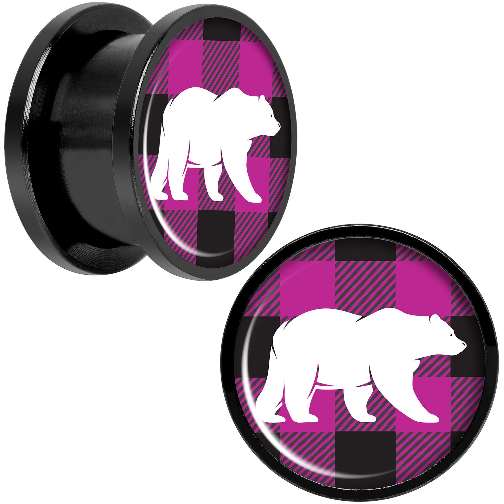 Pink Black Plaid Polar Bear Black Screw Fit Plug Set Sizes 5mm to 20mm