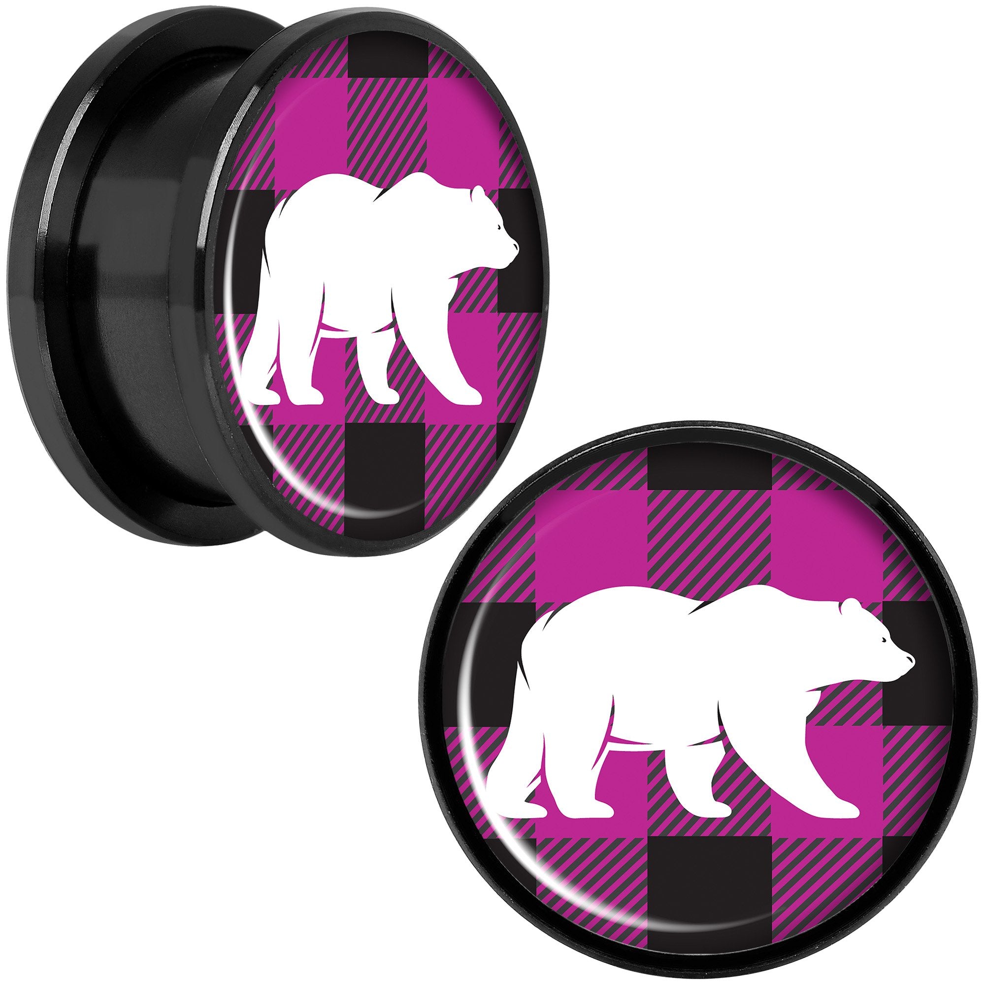 Pink Black Plaid Polar Bear Black Screw Fit Plug Set Sizes 5mm to 20mm