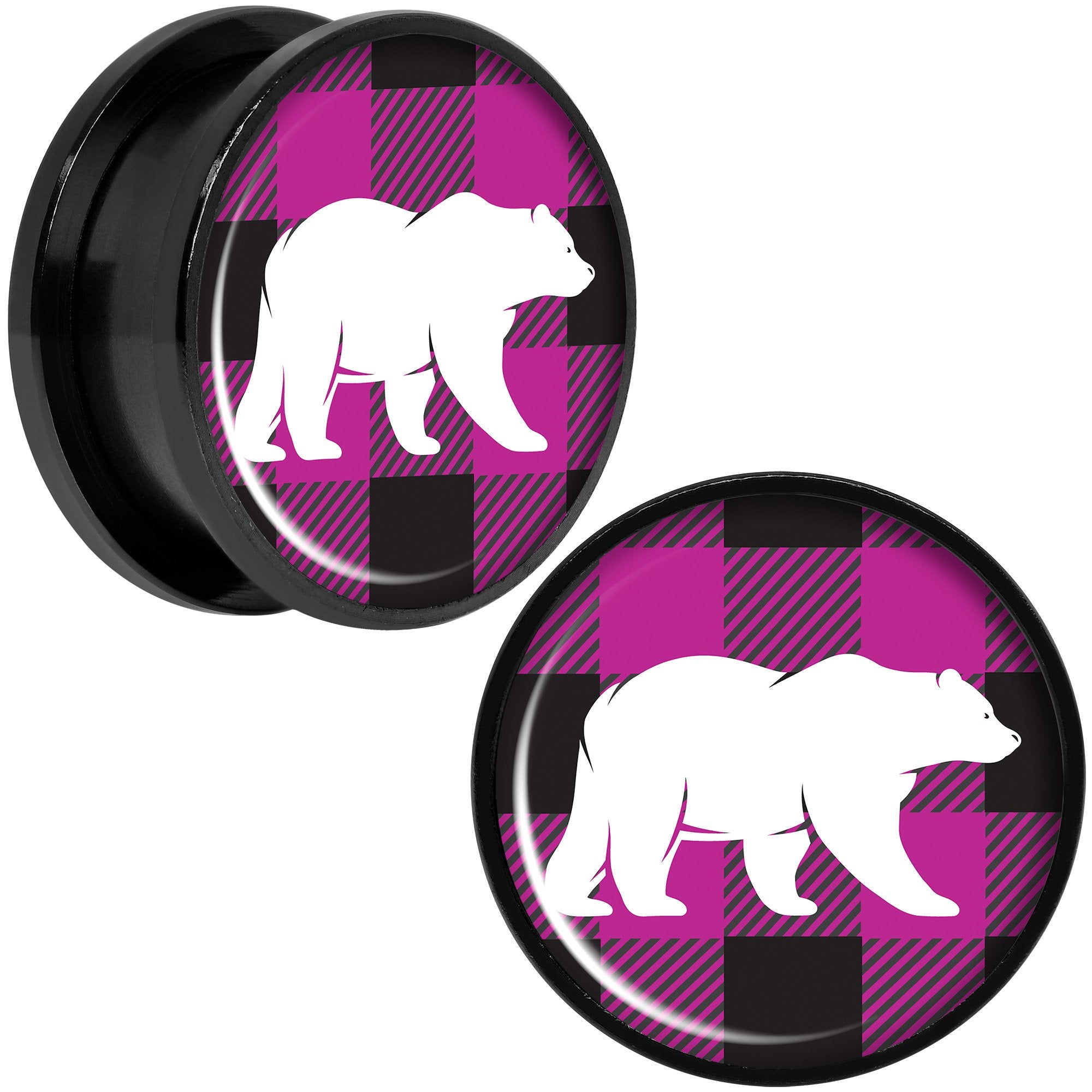 Pink Black Plaid Polar Bear Black Screw Fit Plug Set Sizes 5mm to 20mm