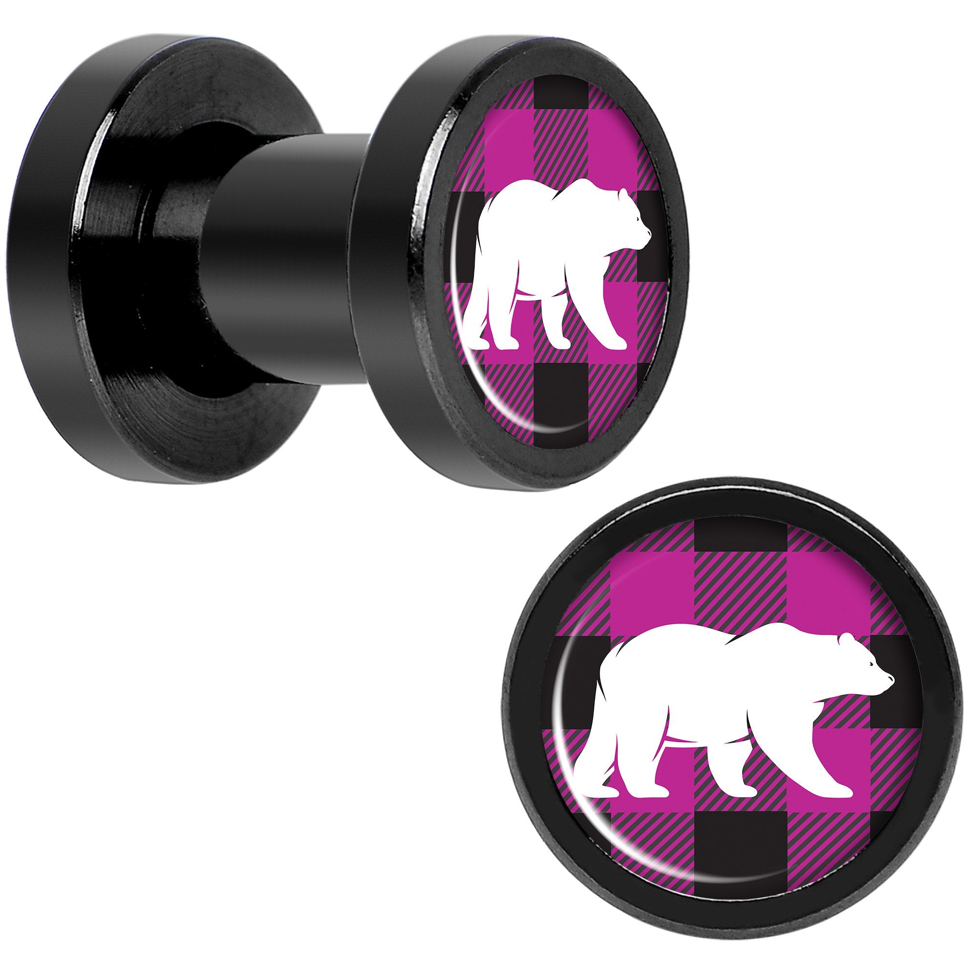 Pink Black Plaid Polar Bear Black Screw Fit Plug Set Sizes 5mm to 20mm