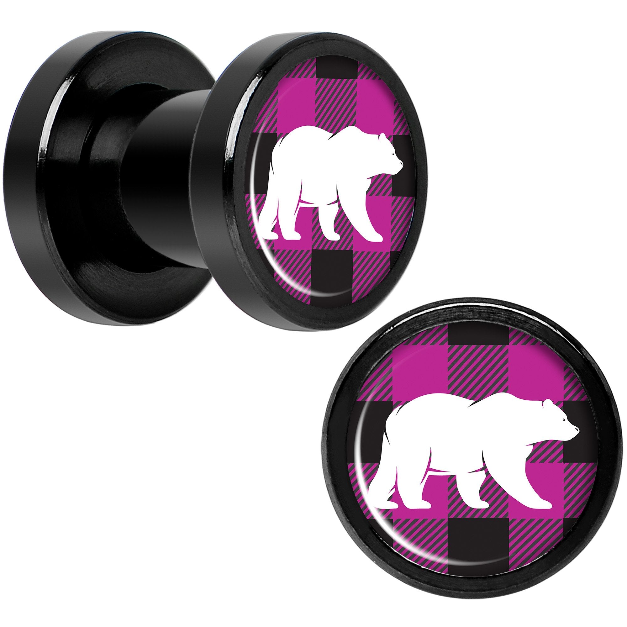 Pink Black Plaid Polar Bear Black Screw Fit Plug Set Sizes 5mm to 20mm