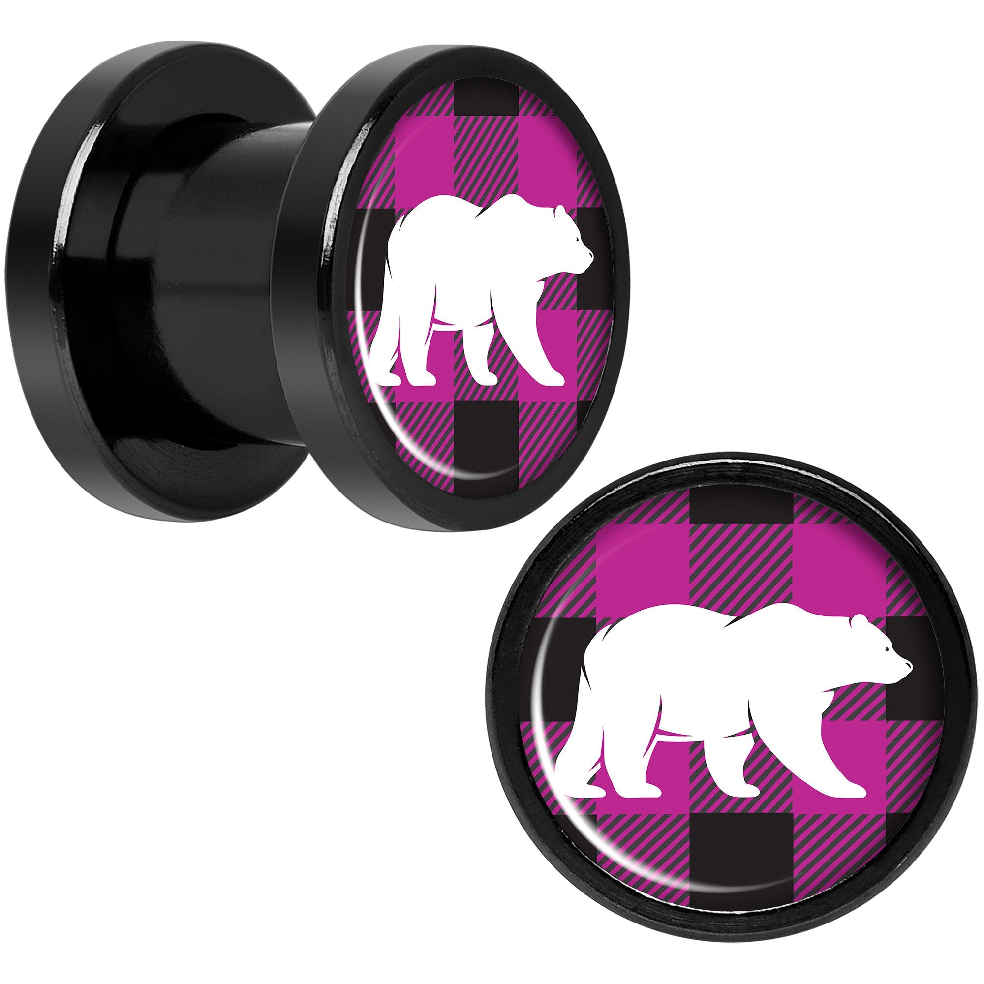 Pink Black Plaid Polar Bear Black Screw Fit Plug Set Sizes 5mm to 20mm