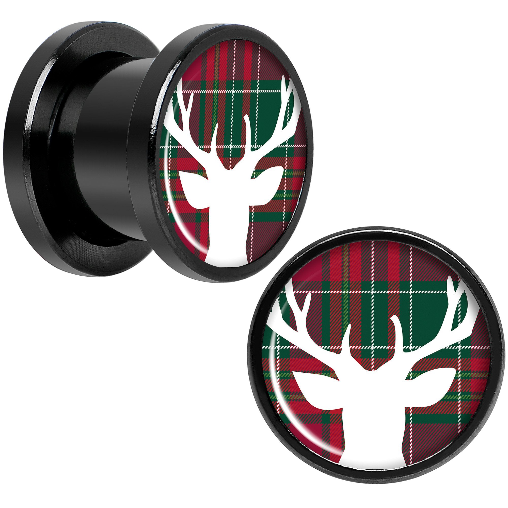 Red Green Plaid Reindeer Black Screw Fit Plug Set Sizes 5mm to 20mm