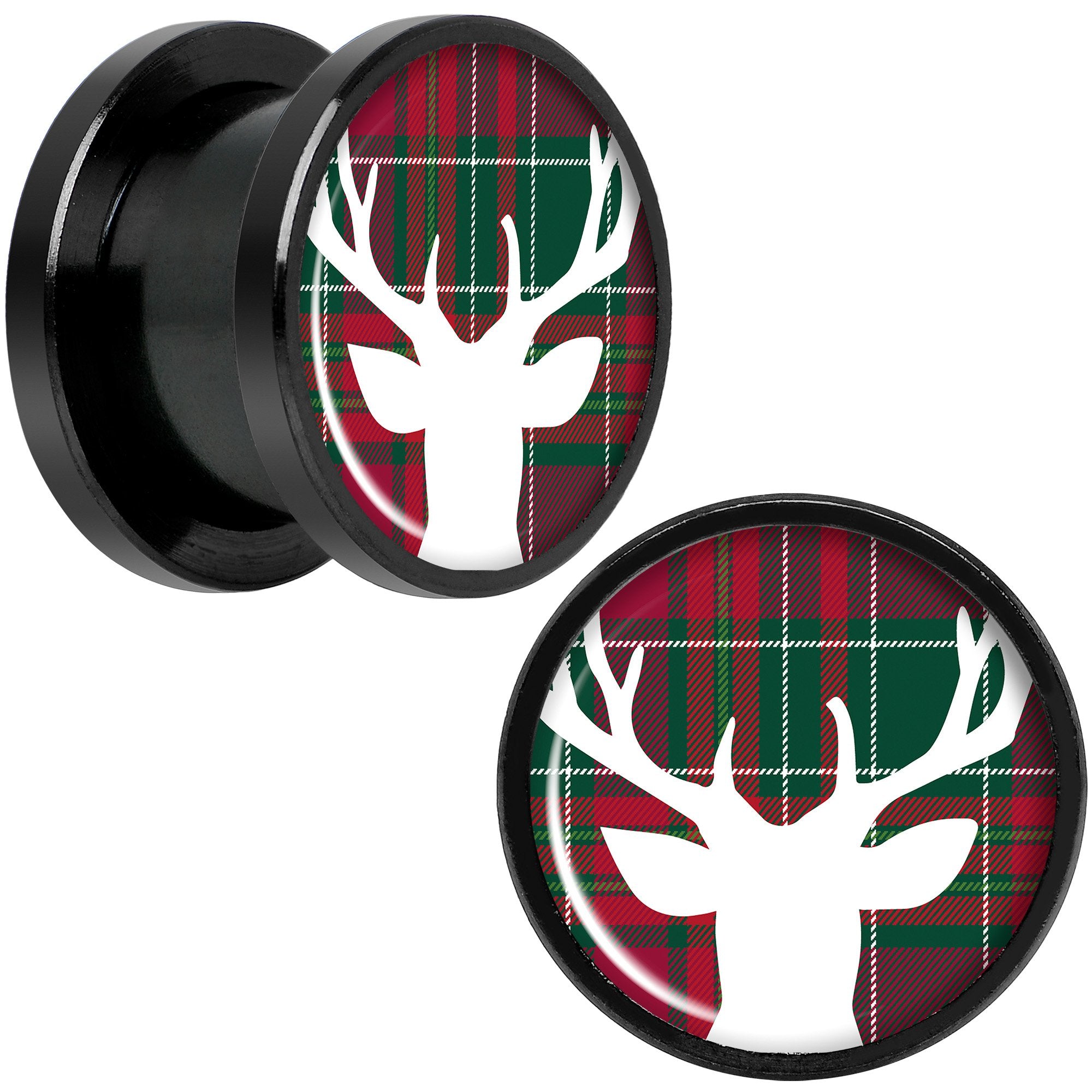 Red Green Plaid Reindeer Black Screw Fit Plug Set Sizes 5mm to 20mm