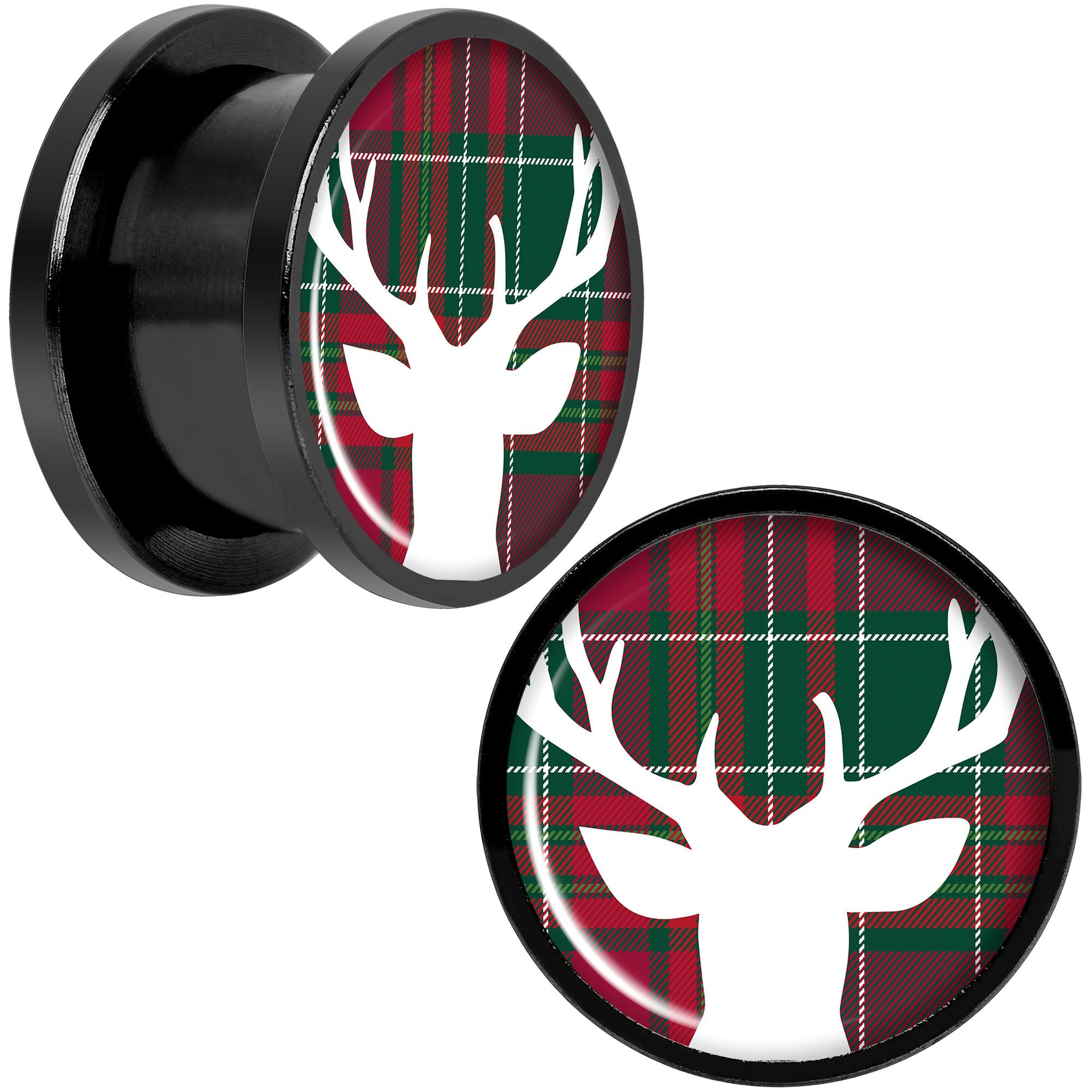 Red Green Plaid Reindeer Black Screw Fit Plug Set Sizes 5mm to 20mm