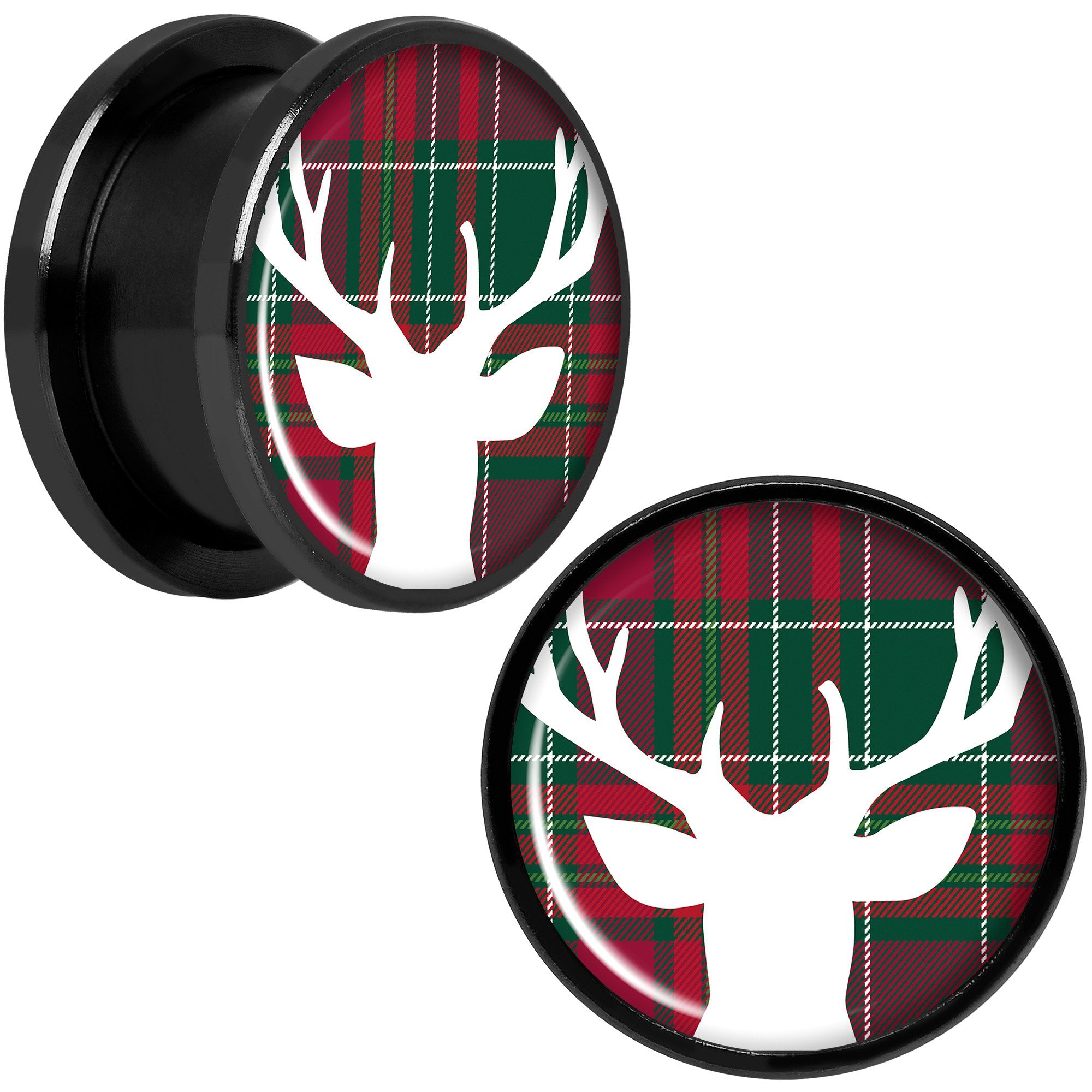 Red Green Plaid Reindeer Black Screw Fit Plug Set Sizes 5mm to 20mm