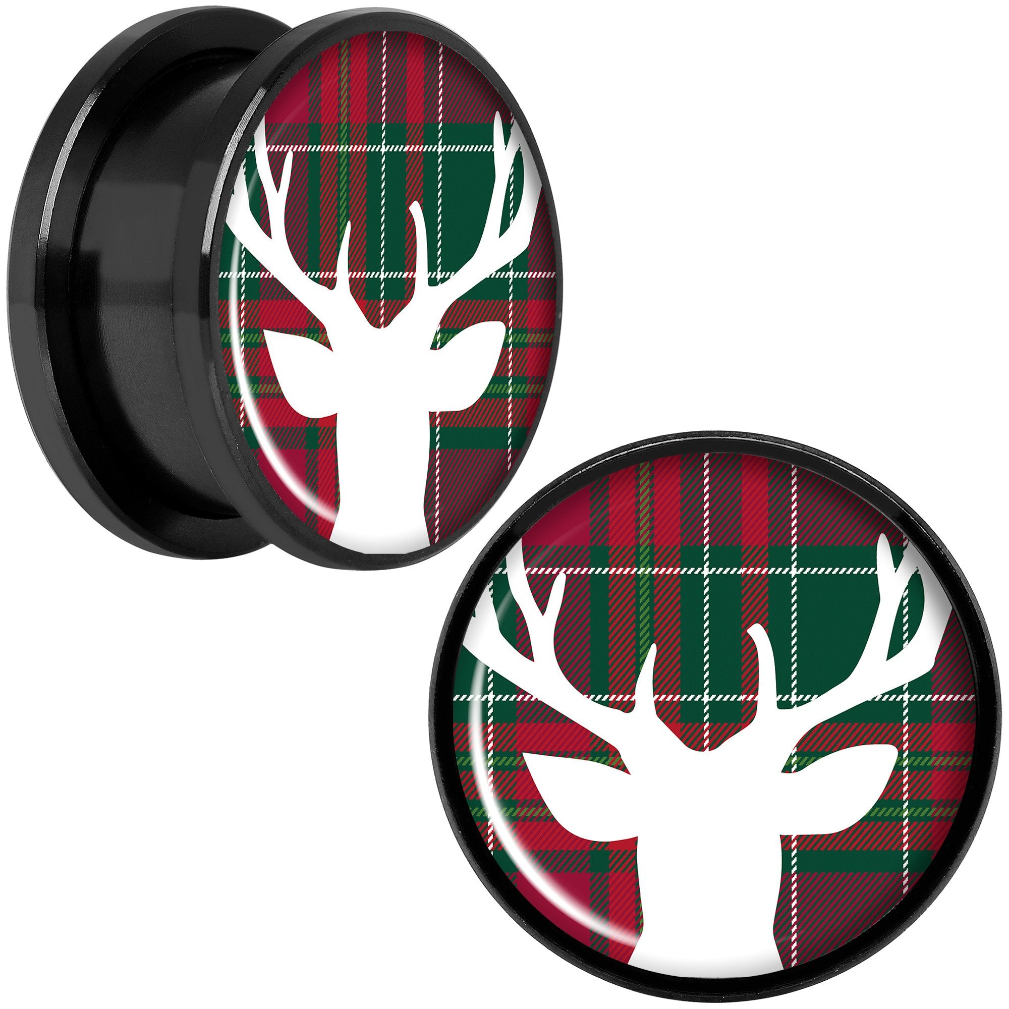 Red Green Plaid Reindeer Black Screw Fit Plug Set Sizes 5mm to 20mm