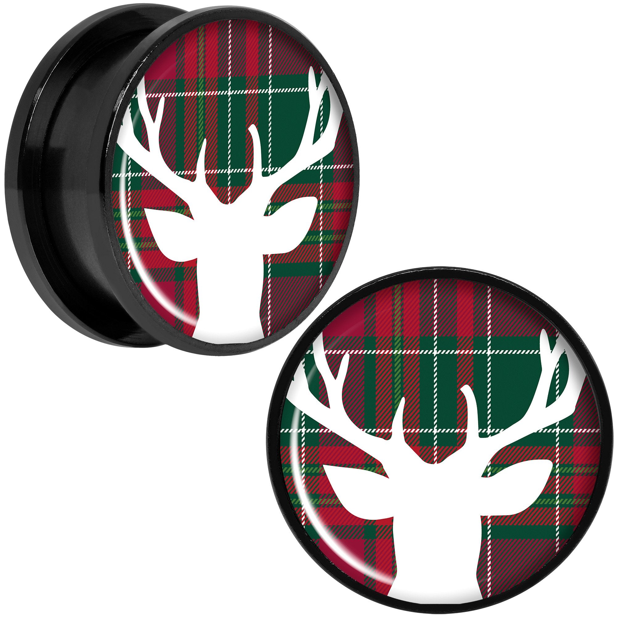 Red Green Plaid Reindeer Black Screw Fit Plug Set Sizes 5mm to 20mm