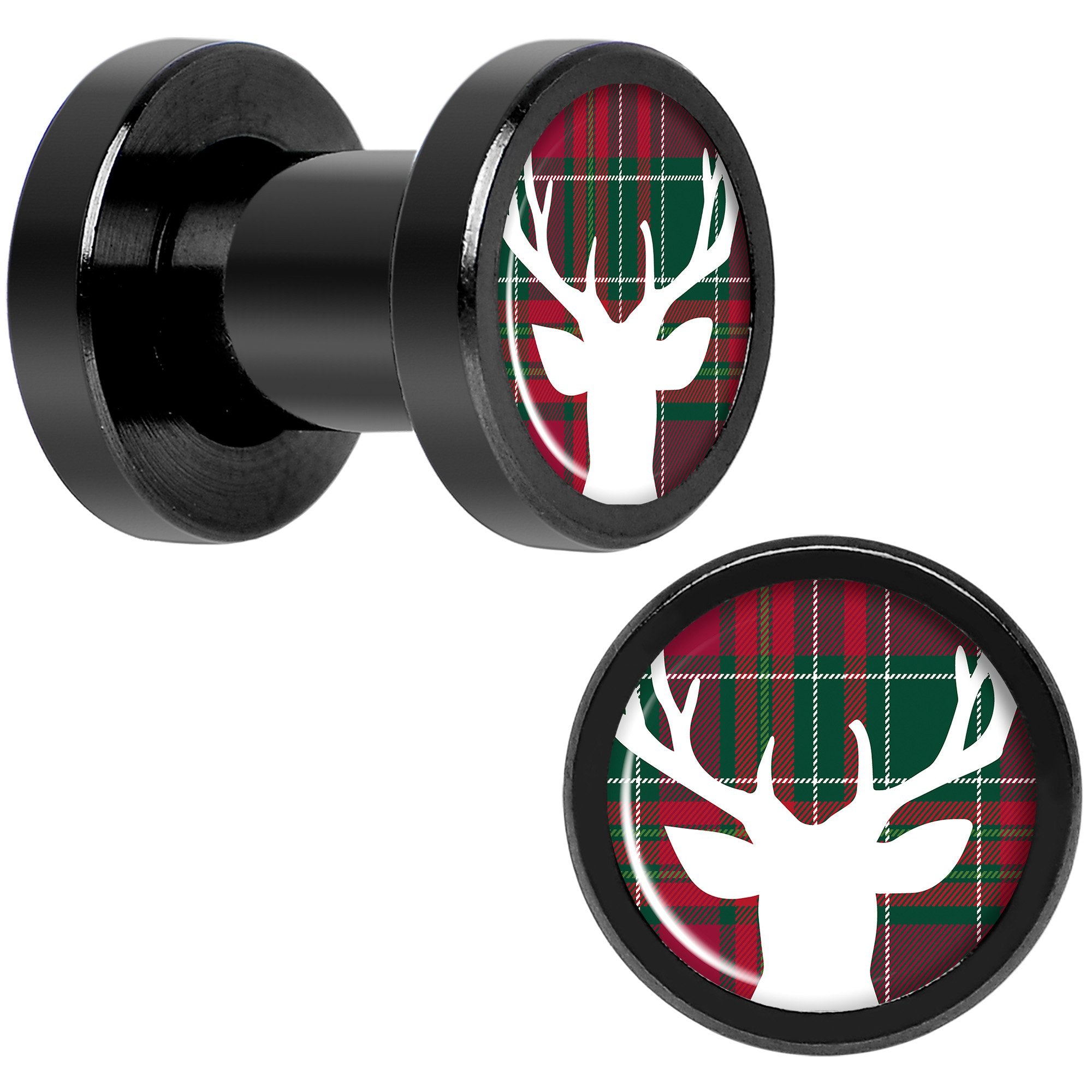 Red Green Plaid Reindeer Black Screw Fit Plug Set Sizes 5mm to 20mm