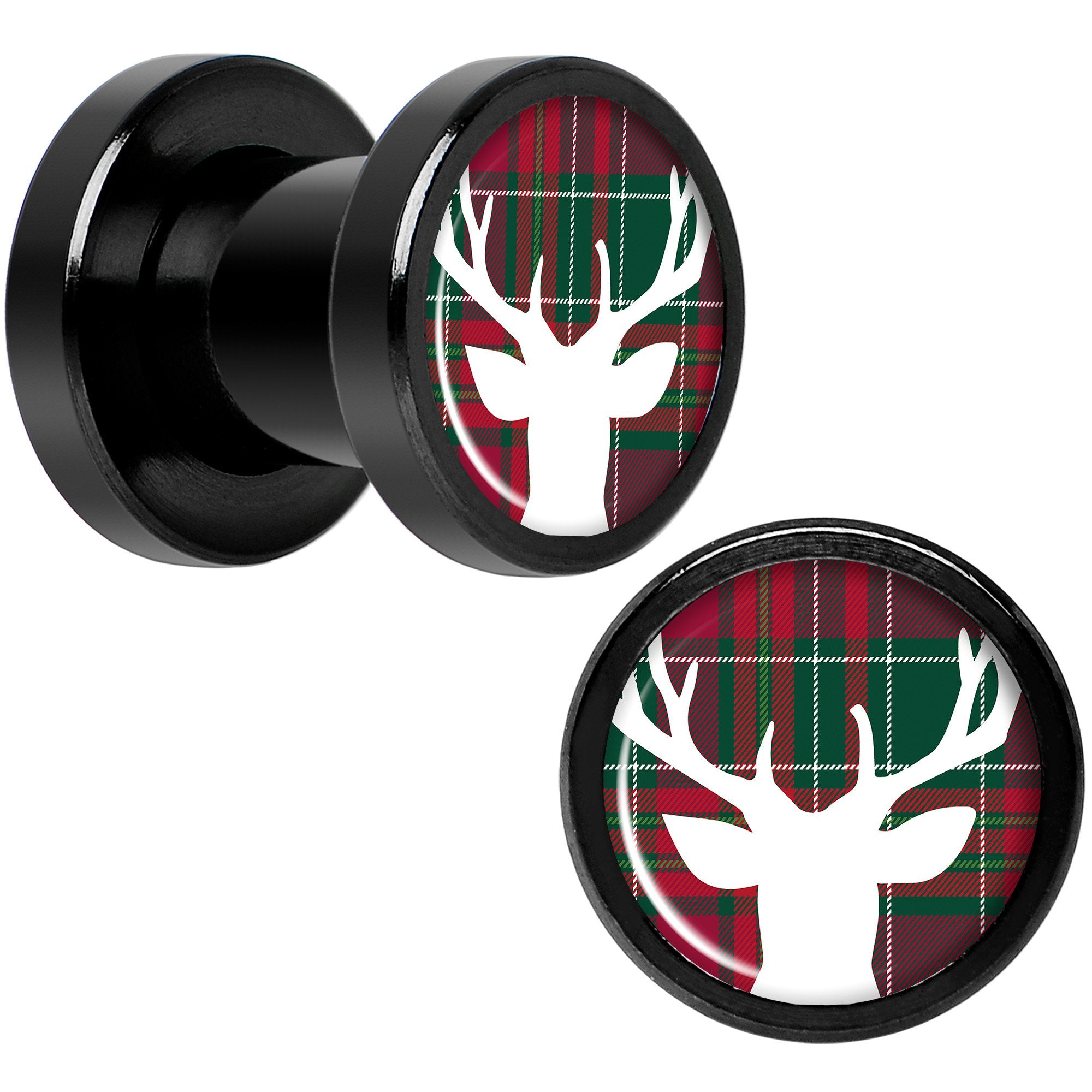 Red Green Plaid Reindeer Black Screw Fit Plug Set Sizes 5mm to 20mm