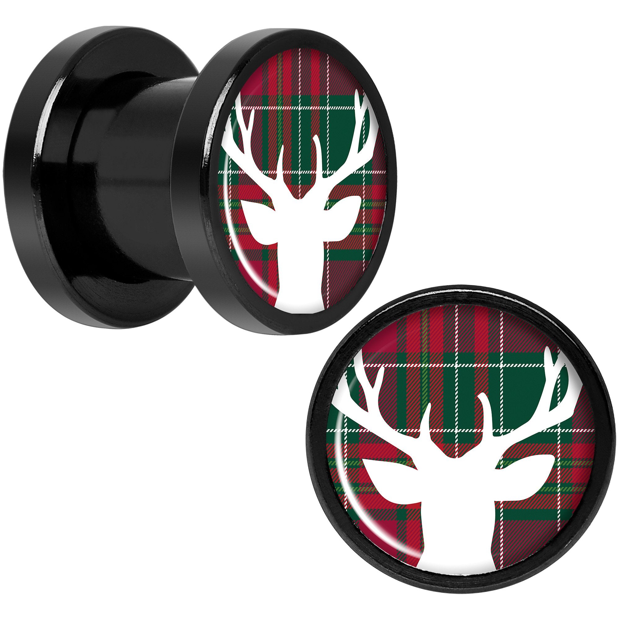 Red Green Plaid Reindeer Black Screw Fit Plug Set Sizes 5mm to 20mm