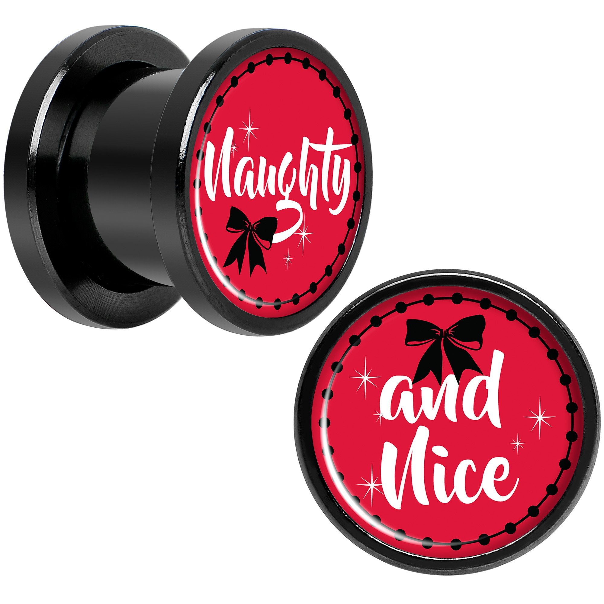 Red Holiday Naughtyy and Nice Black Screw Fit Plug Set Sizes 6mm to 20mm