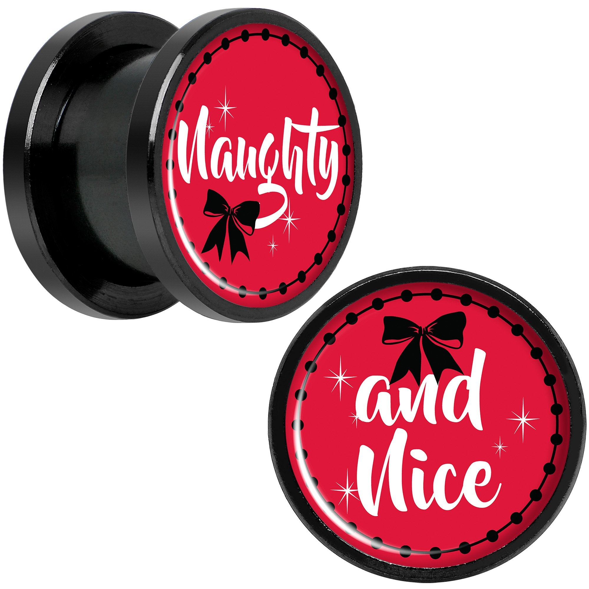 Red Holiday Naughtyy and Nice Black Screw Fit Plug Set Sizes 6mm to 20mm