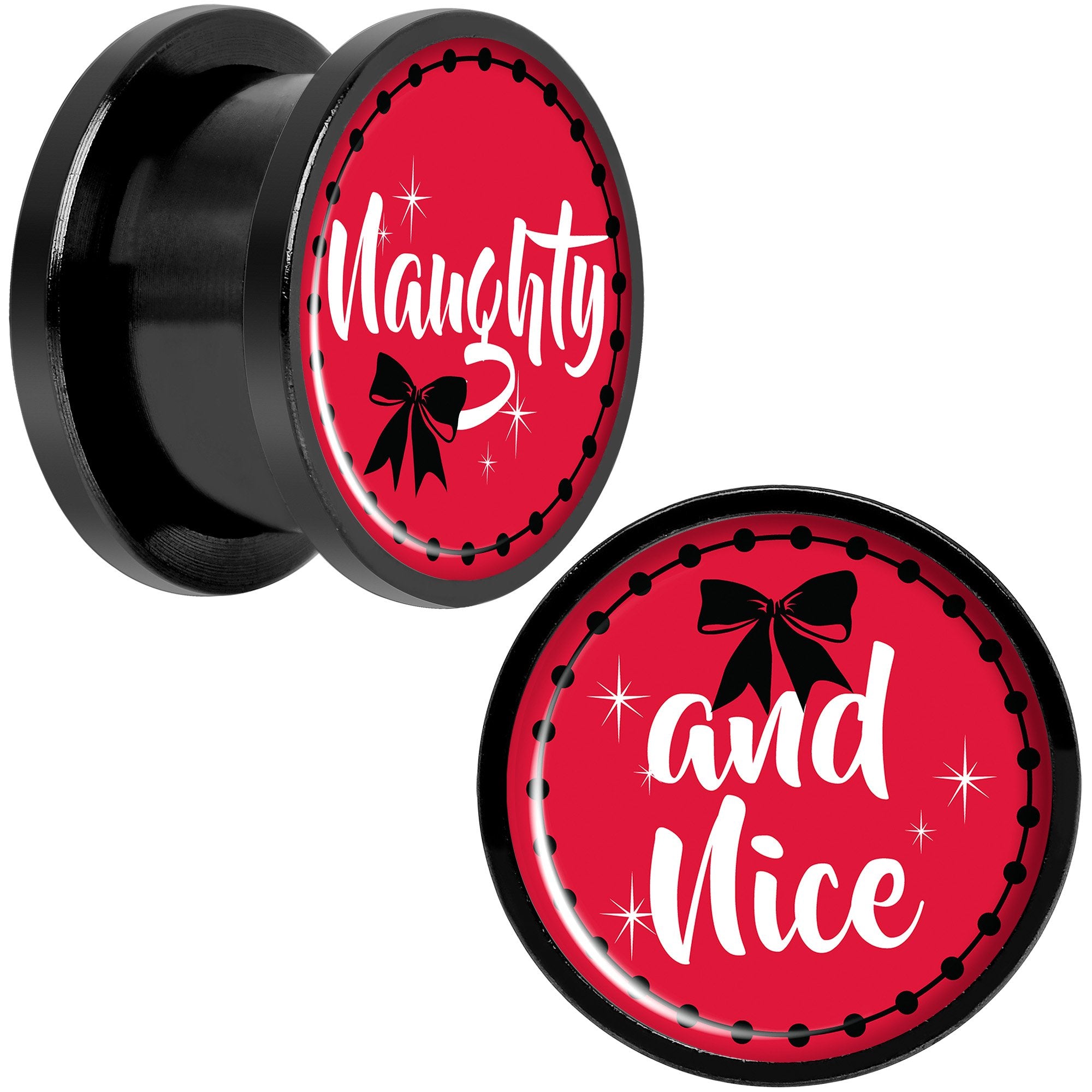 Red Holiday Naughtyy and Nice Black Screw Fit Plug Set Sizes 6mm to 20mm