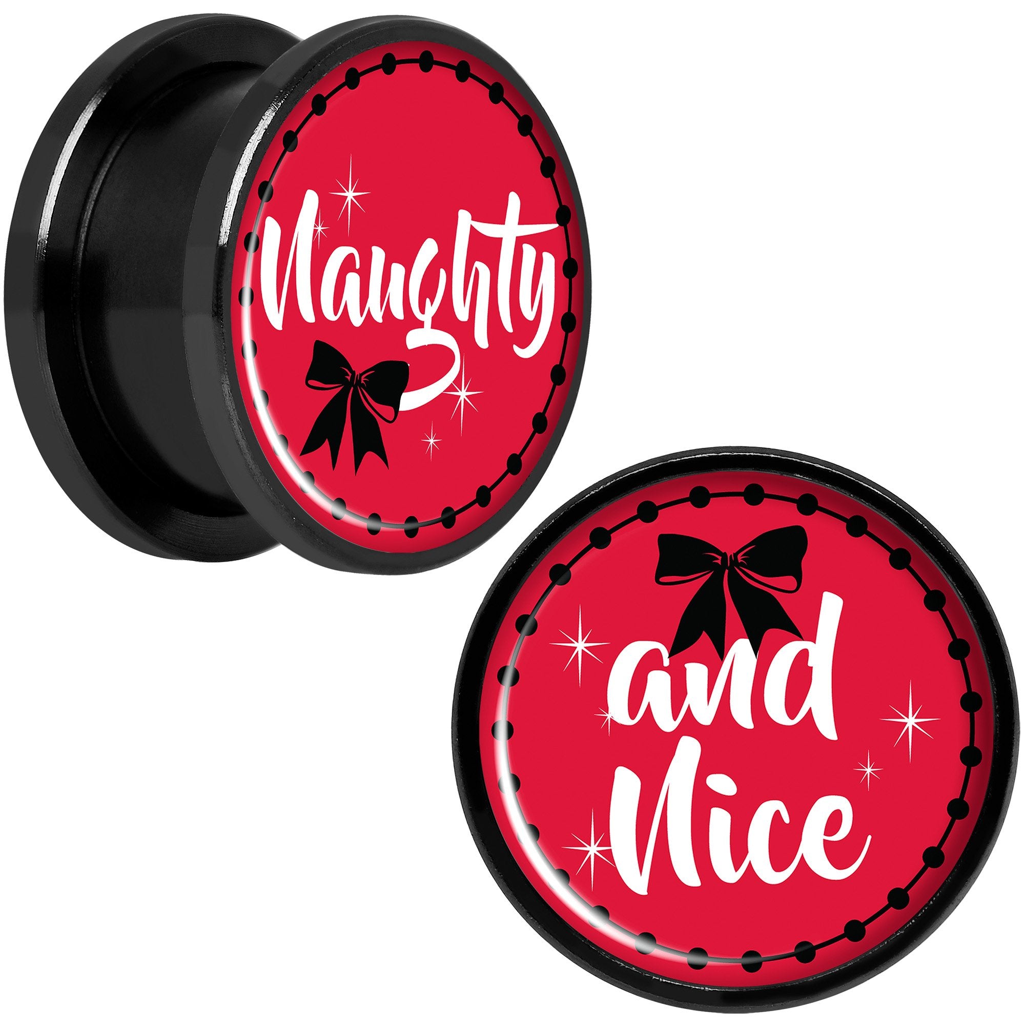 Red Holiday Naughtyy and Nice Black Screw Fit Plug Set Sizes 6mm to 20mm