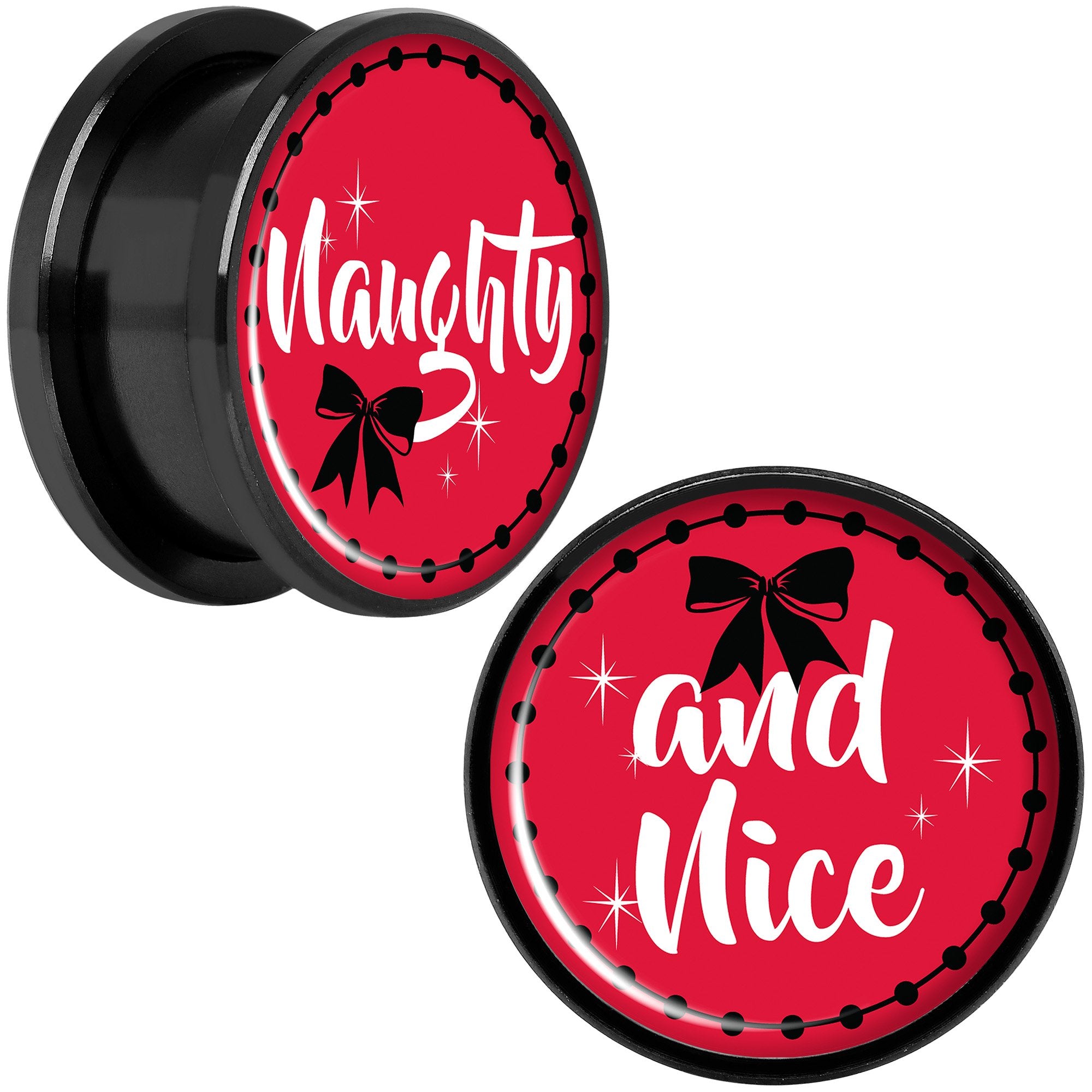 Red Holiday Naughtyy and Nice Black Screw Fit Plug Set Sizes 6mm to 20mm