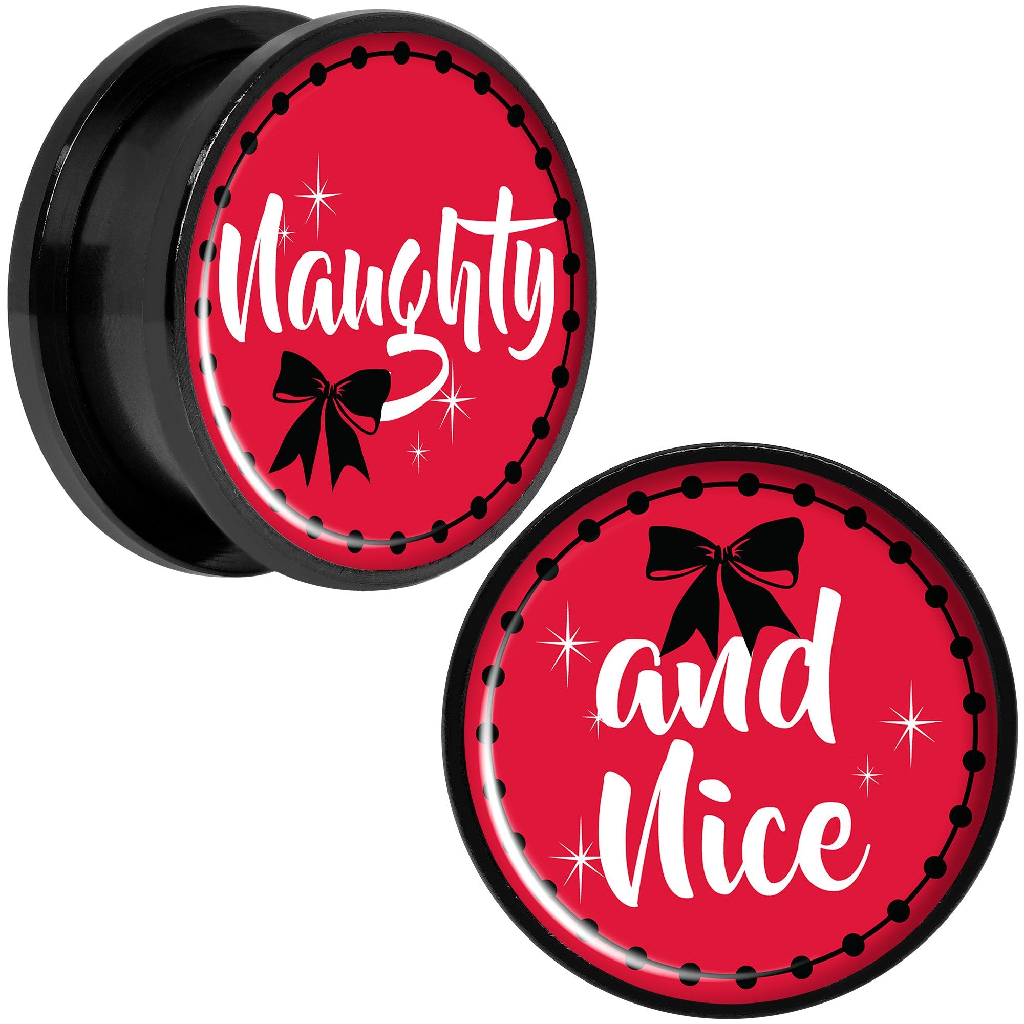 Red Holiday Naughtyy and Nice Black Screw Fit Plug Set Sizes 6mm to 20mm