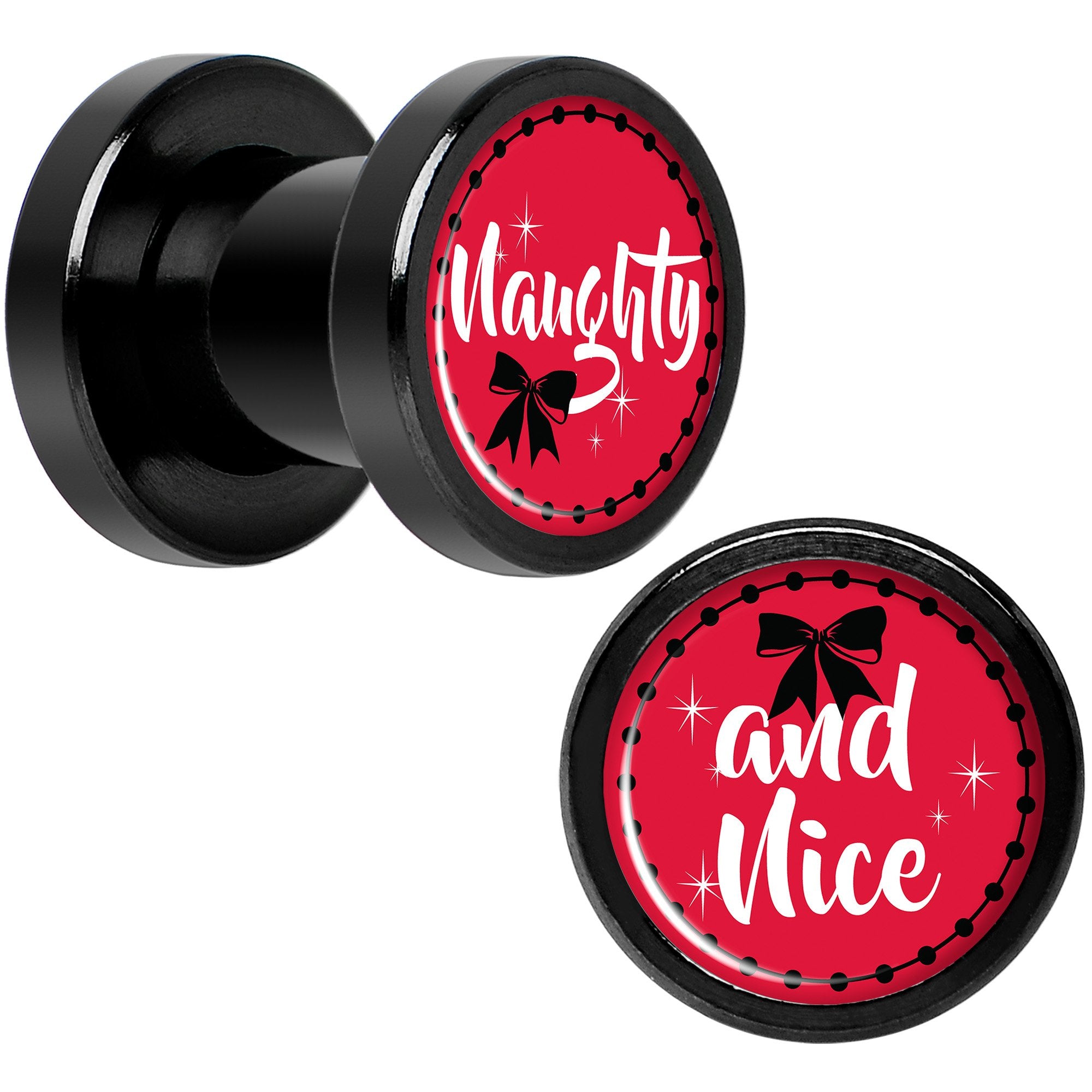 Red Holiday Naughtyy and Nice Black Screw Fit Plug Set Sizes 6mm to 20mm