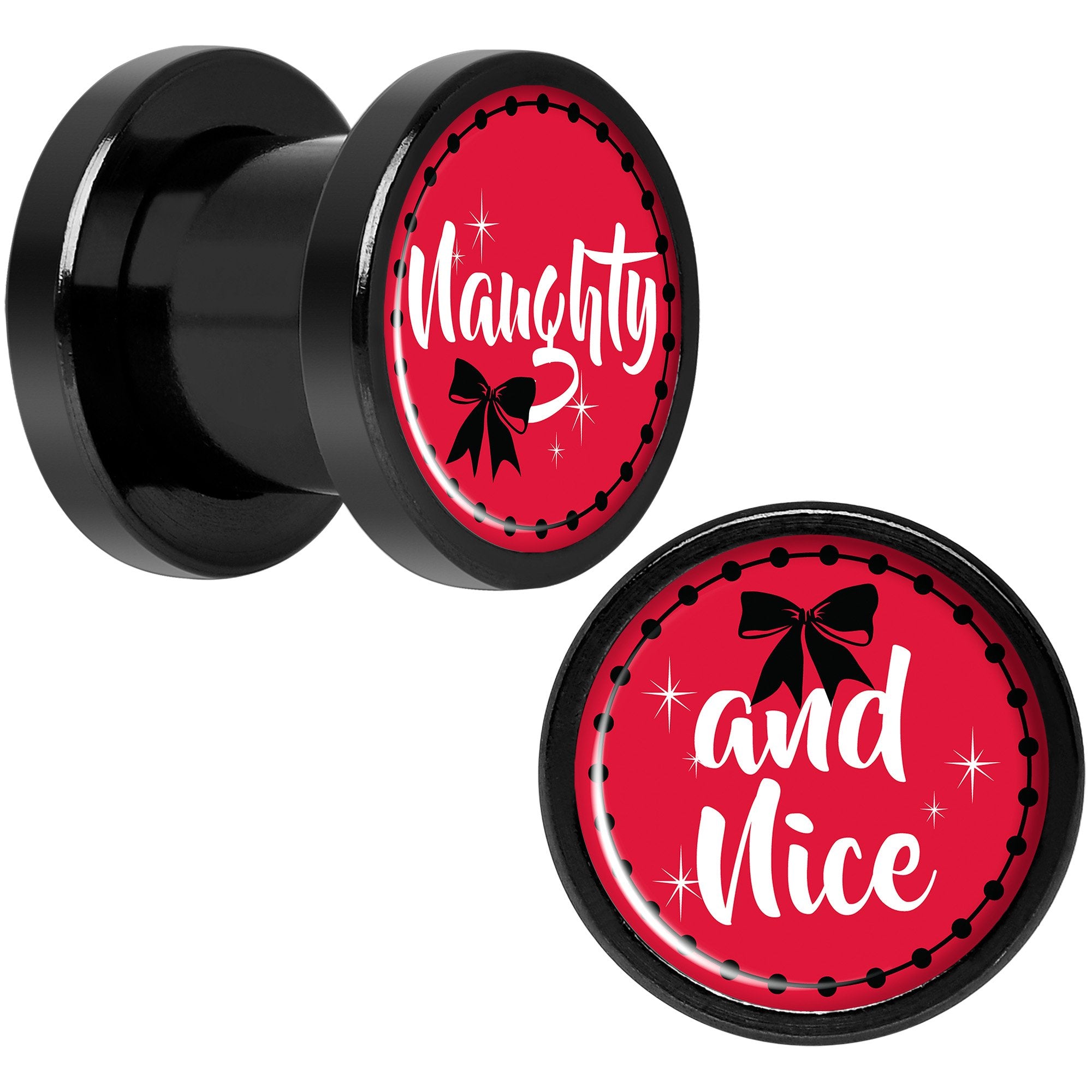 Red Holiday Naughtyy and Nice Black Screw Fit Plug Set Sizes 6mm to 20mm