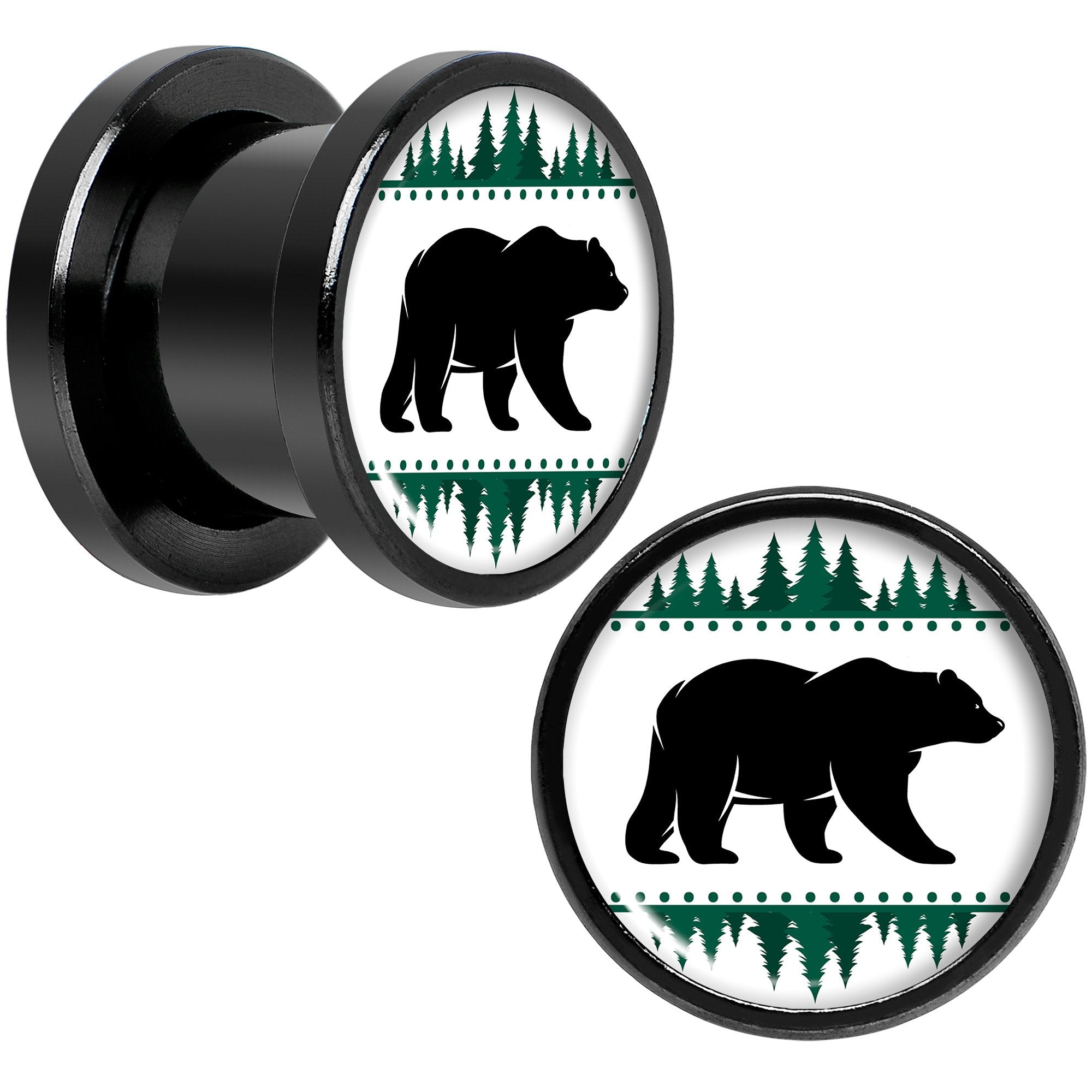 Winter Polar Bear in Woods Black Screw Fit Plug Set Sizes 5mm to 20mm