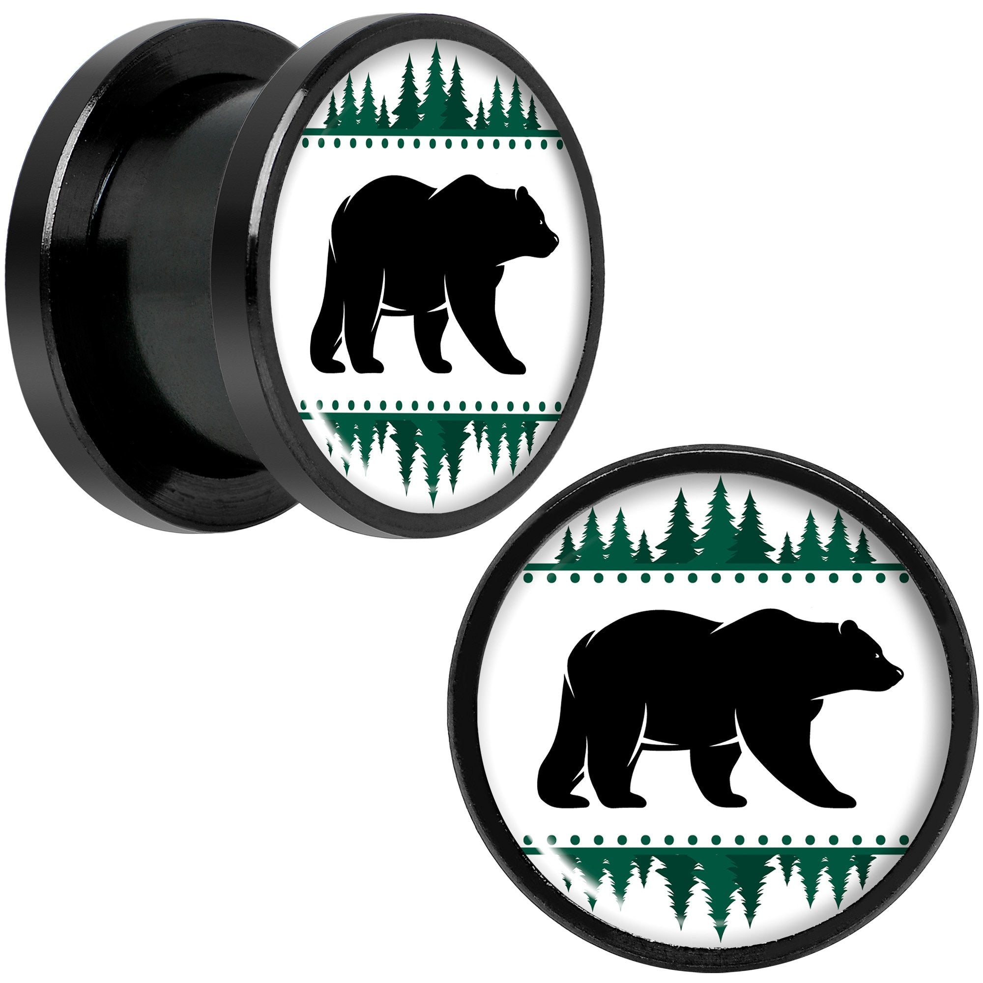 Winter Polar Bear in Woods Black Screw Fit Plug Set Sizes 5mm to 20mm