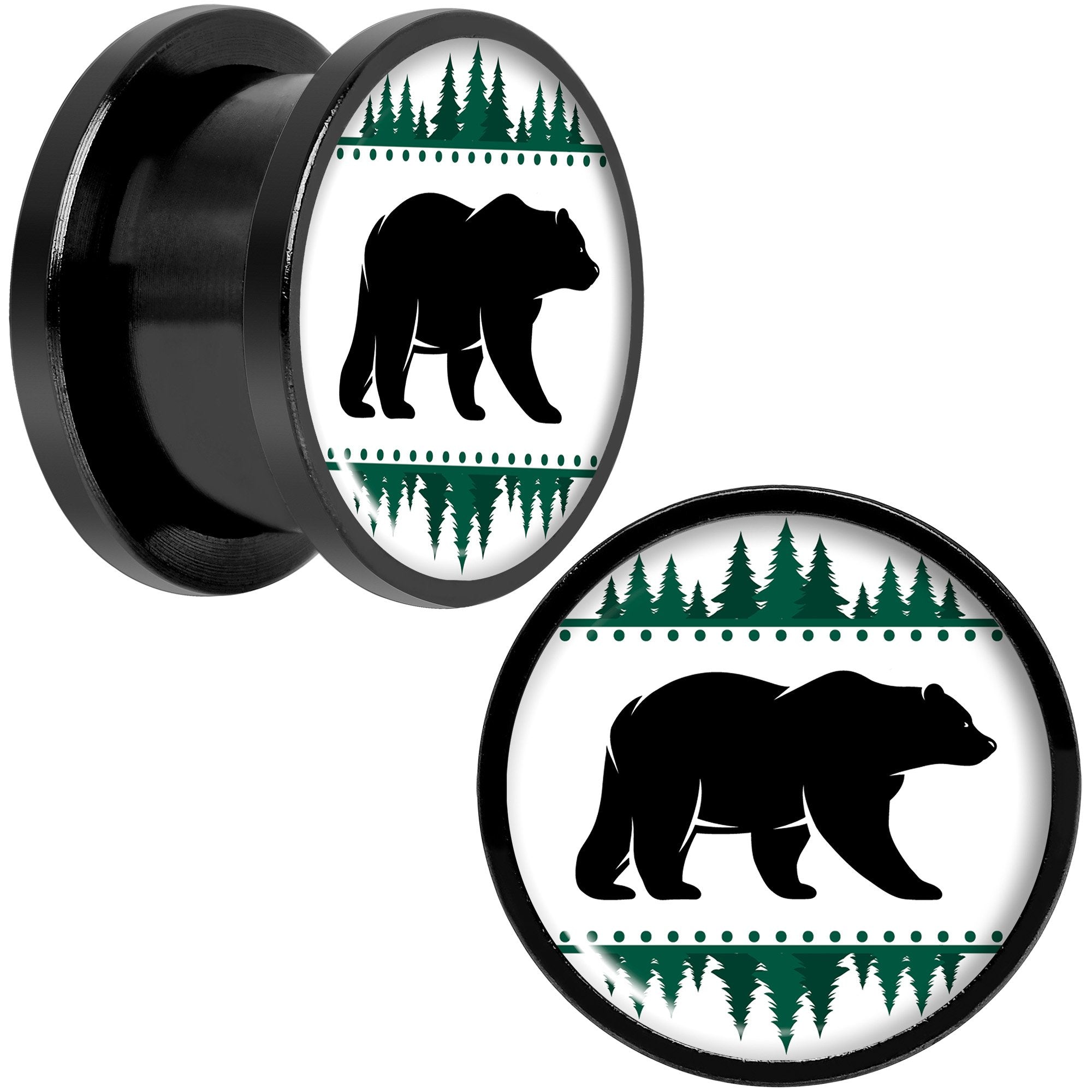 Winter Polar Bear in Woods Black Screw Fit Plug Set Sizes 5mm to 20mm