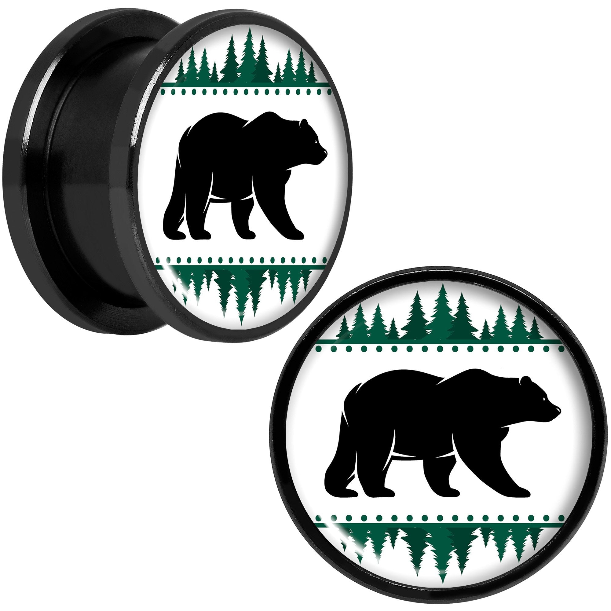 Winter Polar Bear in Woods Black Screw Fit Plug Set Sizes 5mm to 20mm