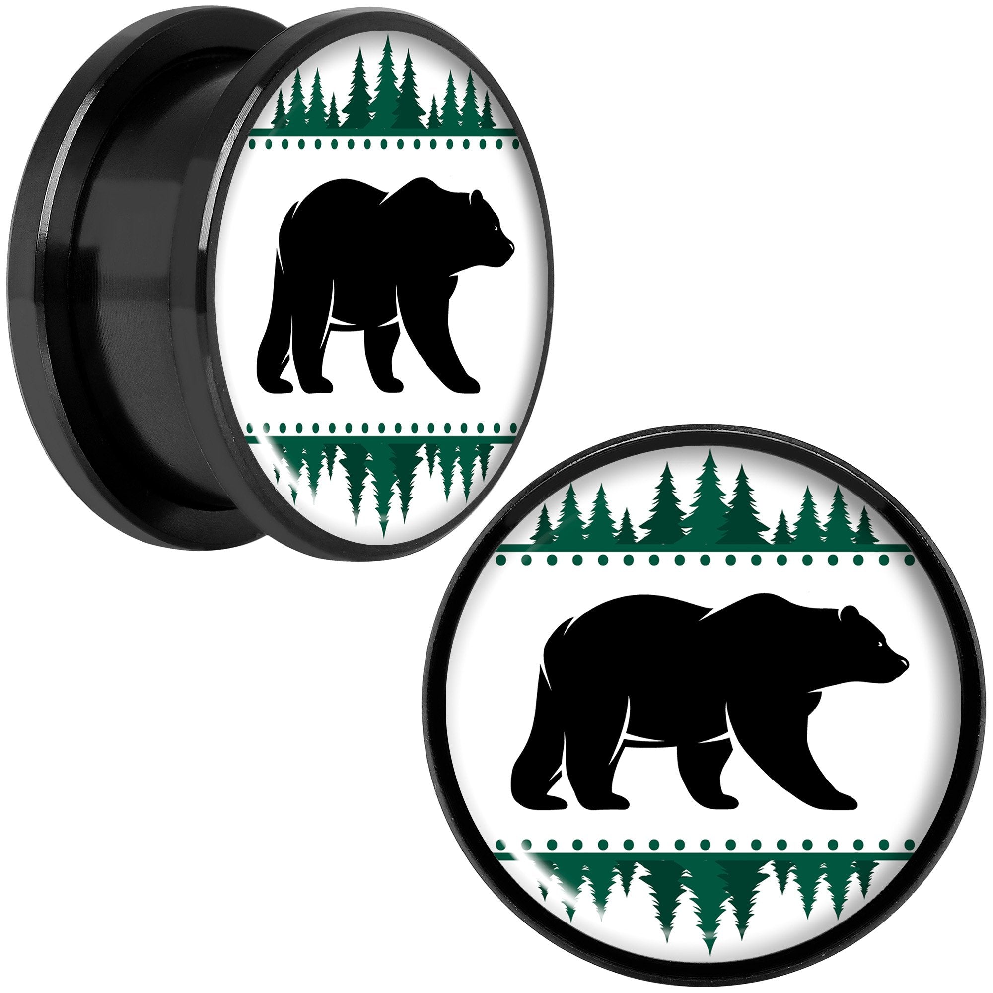 Winter Polar Bear in Woods Black Screw Fit Plug Set Sizes 5mm to 20mm