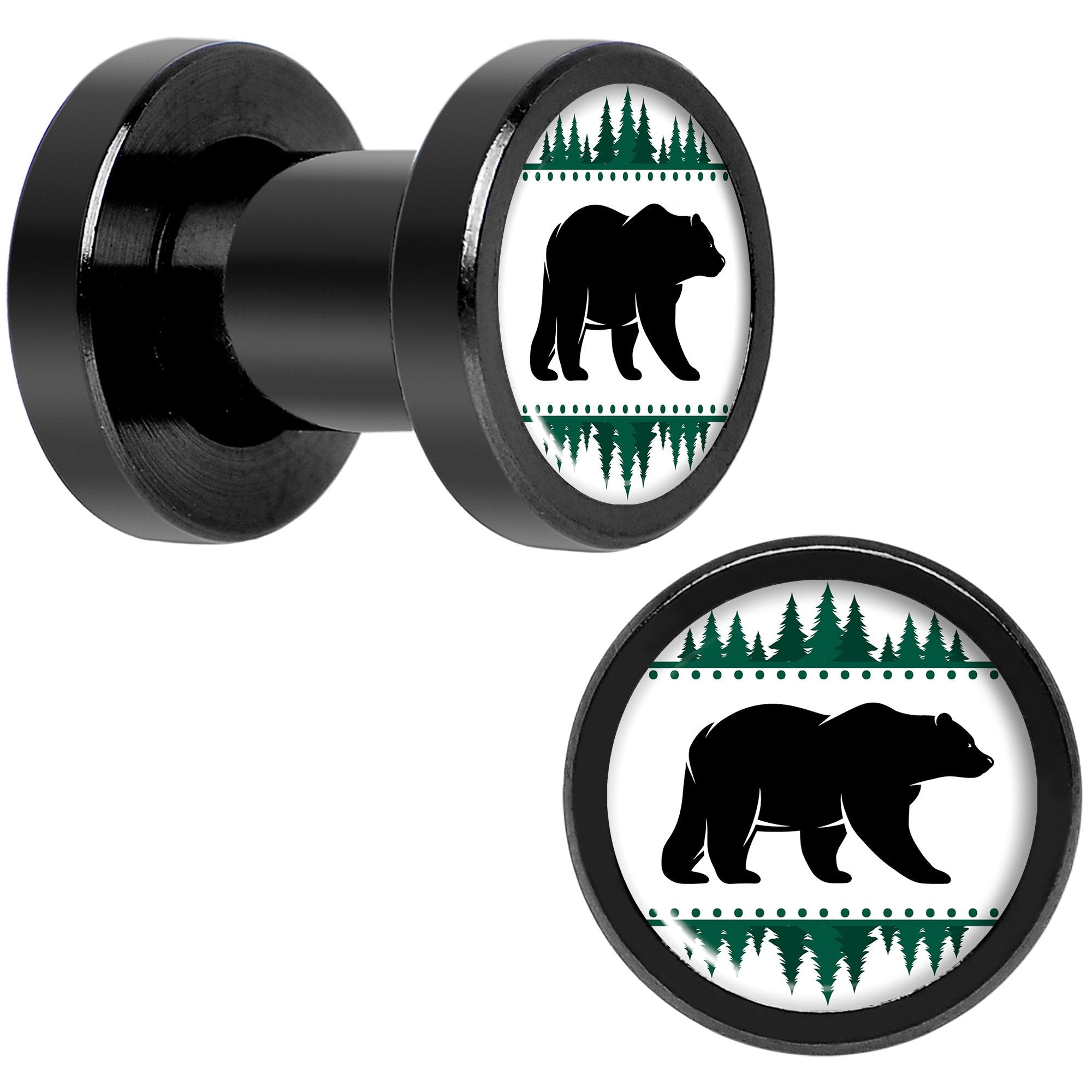 Winter Polar Bear in Woods Black Screw Fit Plug Set Sizes 5mm to 20mm