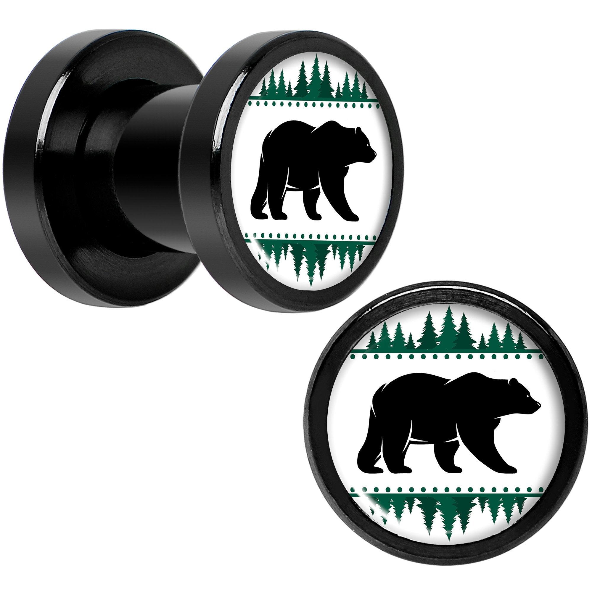 Winter Polar Bear in Woods Black Screw Fit Plug Set Sizes 5mm to 20mm