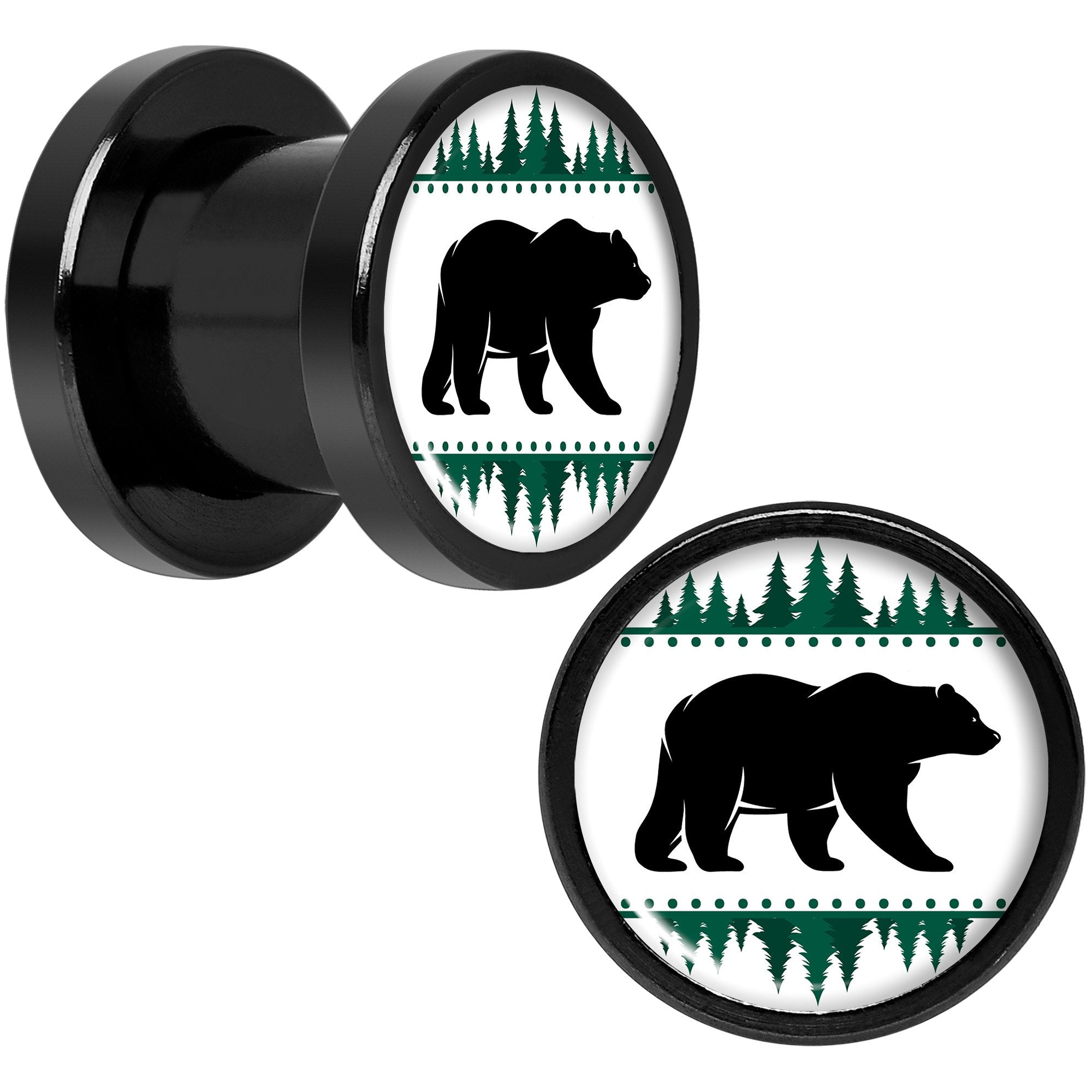 Winter Polar Bear in Woods Black Screw Fit Plug Set Sizes 5mm to 20mm