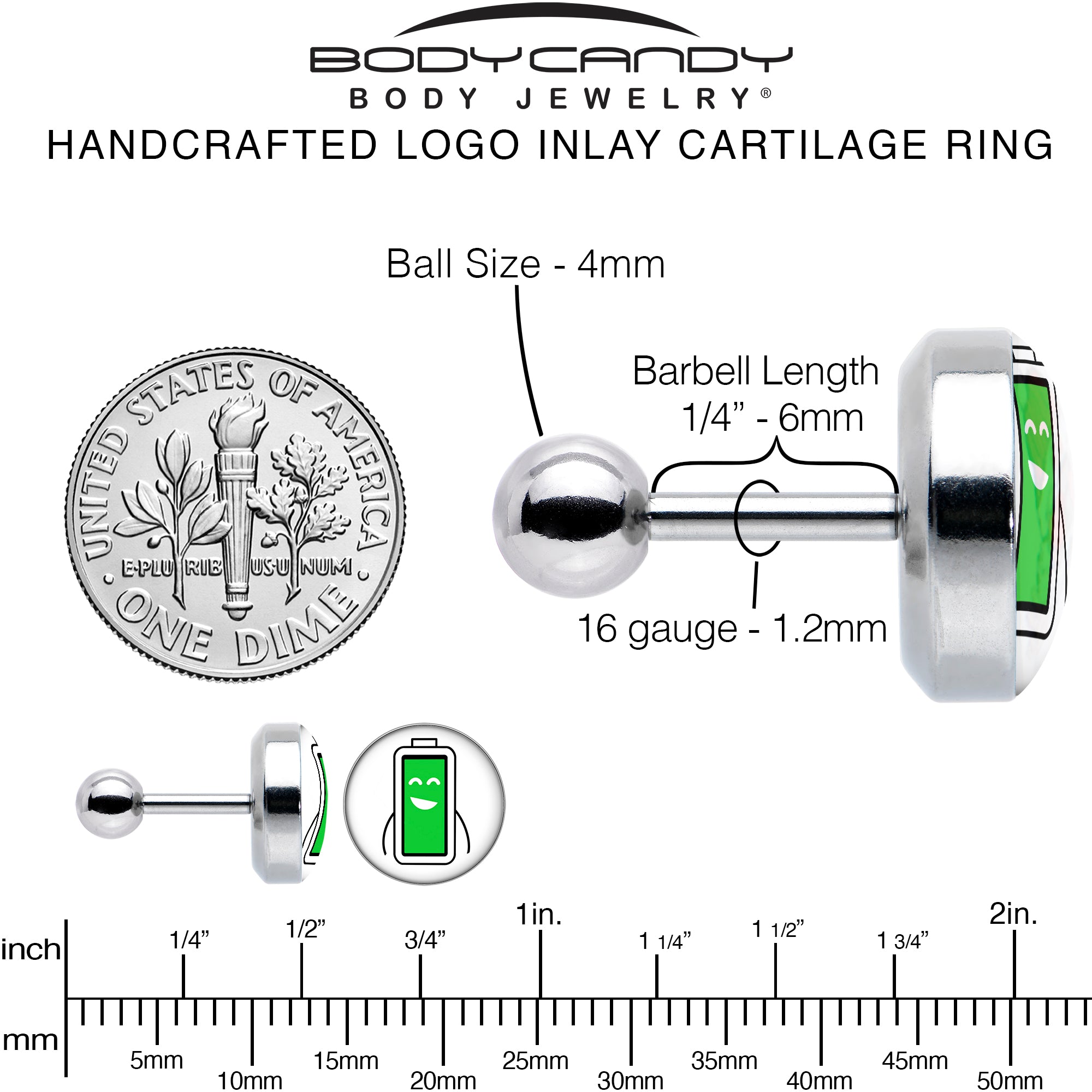 16 Gauge 1/4 Battery Full Cartilage Tragus Earring