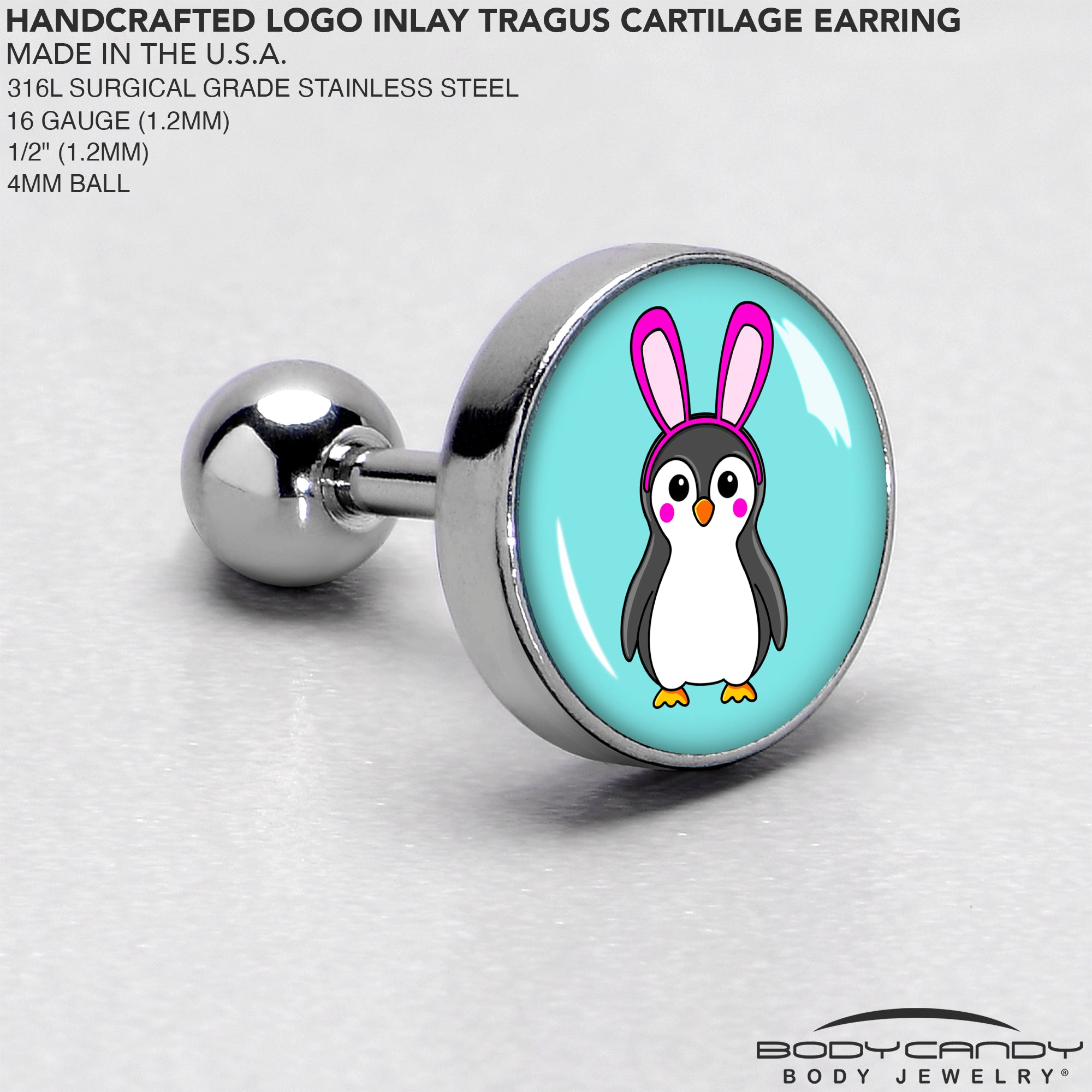 16 Gauge 1/4 Bunny Penguin Cartilage Tragus Earring