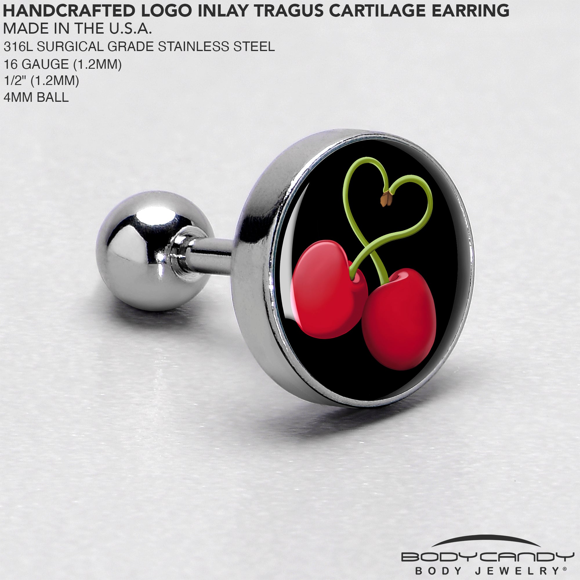 16 Gauge 1/4 Cherry Heart Cartilage Tragus Earring