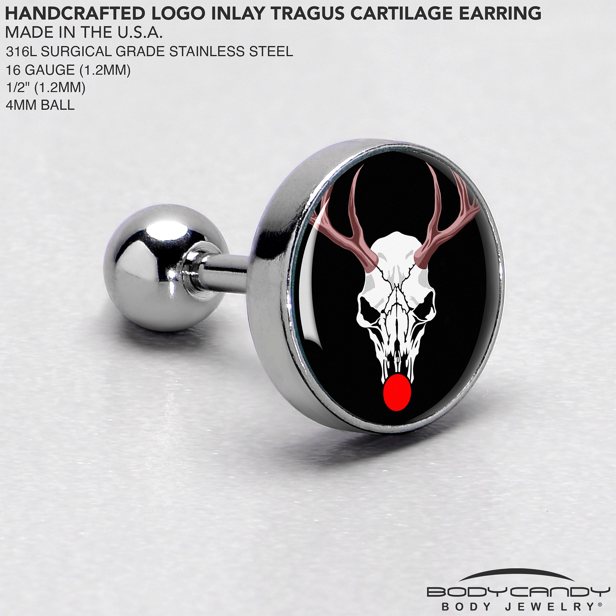 16 Gauge 1/4 Holiday Dead Nosed Reindeer Tragus Cartilage Earring