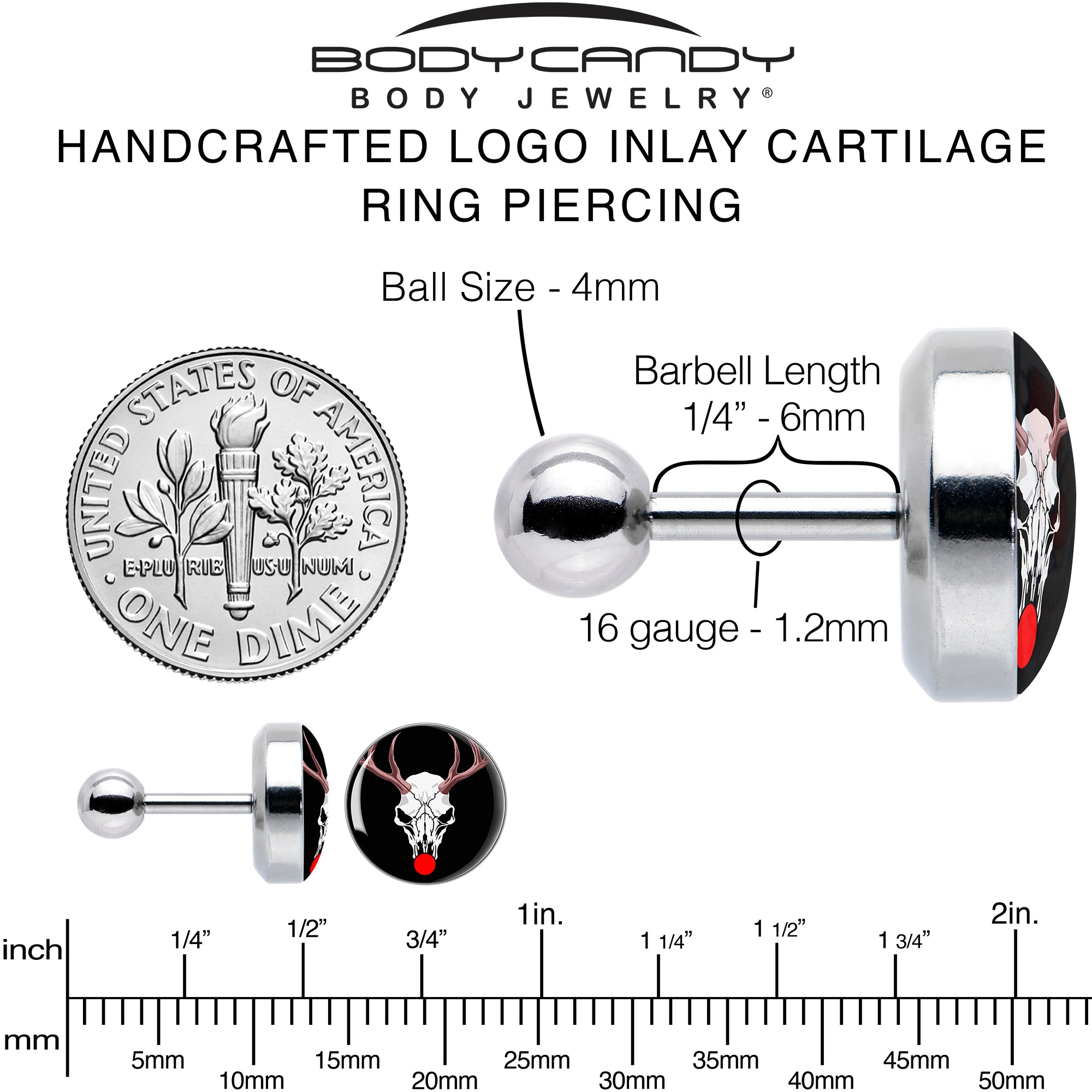 16 Gauge 1/4 Holiday Dead Nosed Reindeer Tragus Cartilage Earring