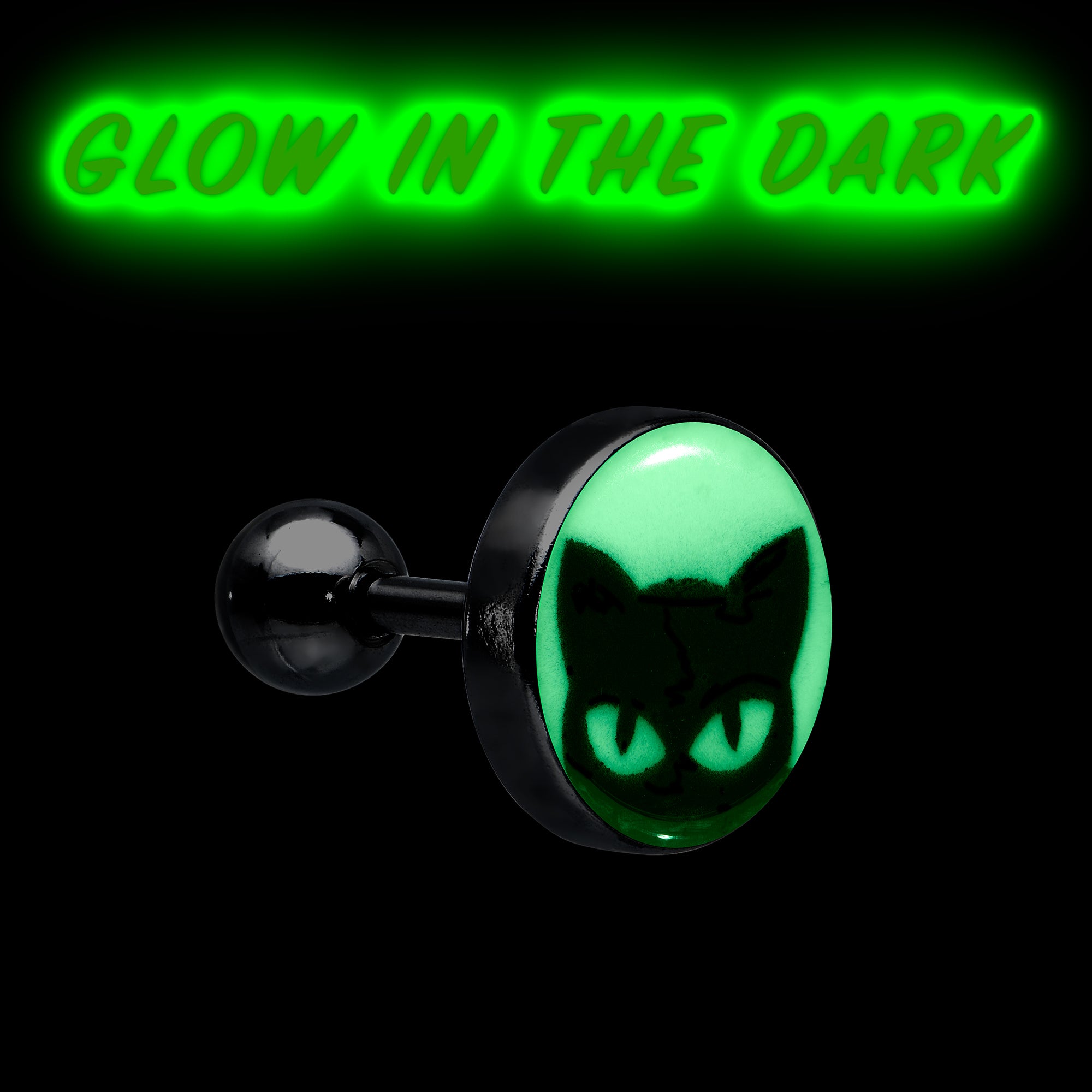 16 Gauge Glow in the Dark Peeking Black Cat Tragus Cartilage Earring