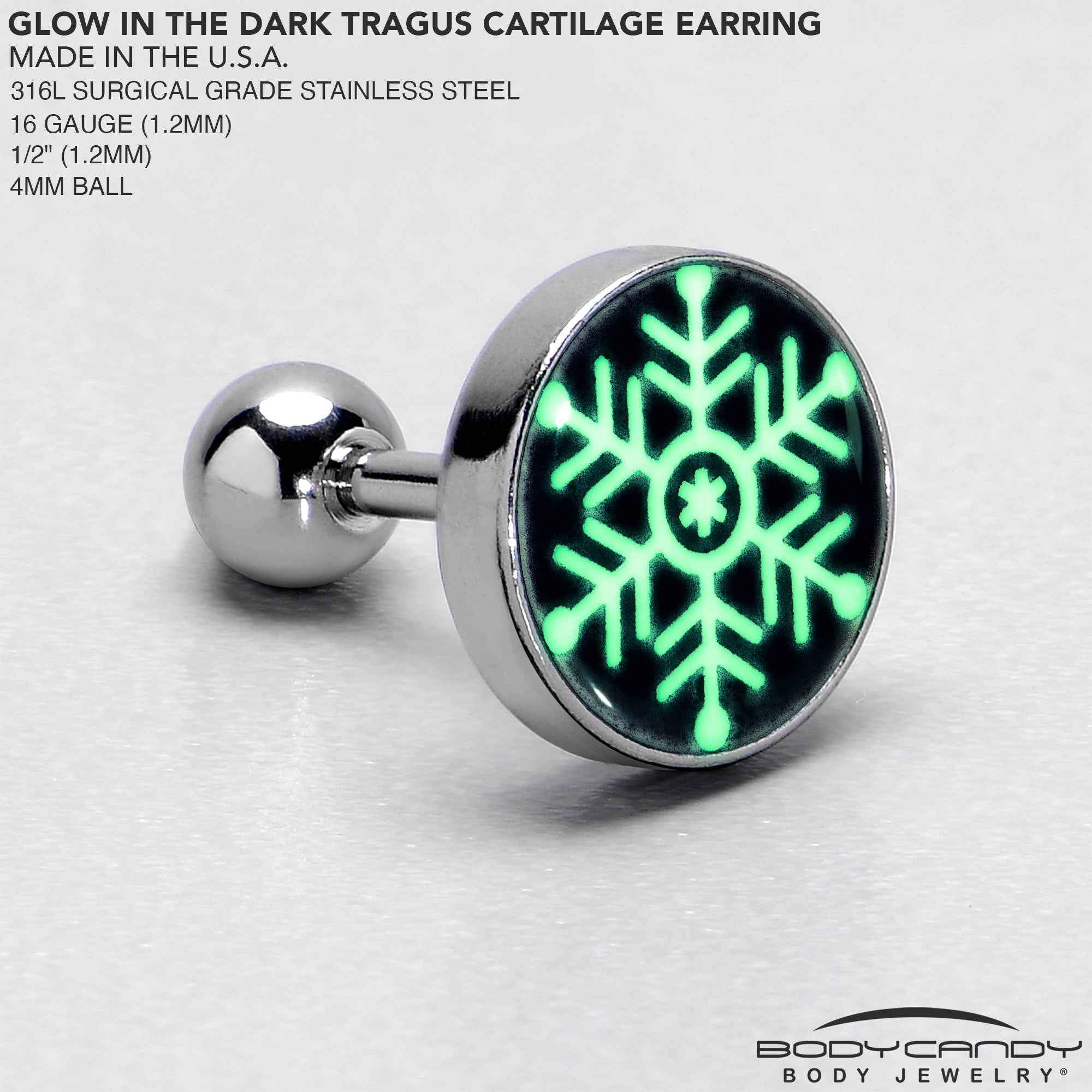 Glow in the Dark Holiday Snowflake Tragus Cartilage Earring