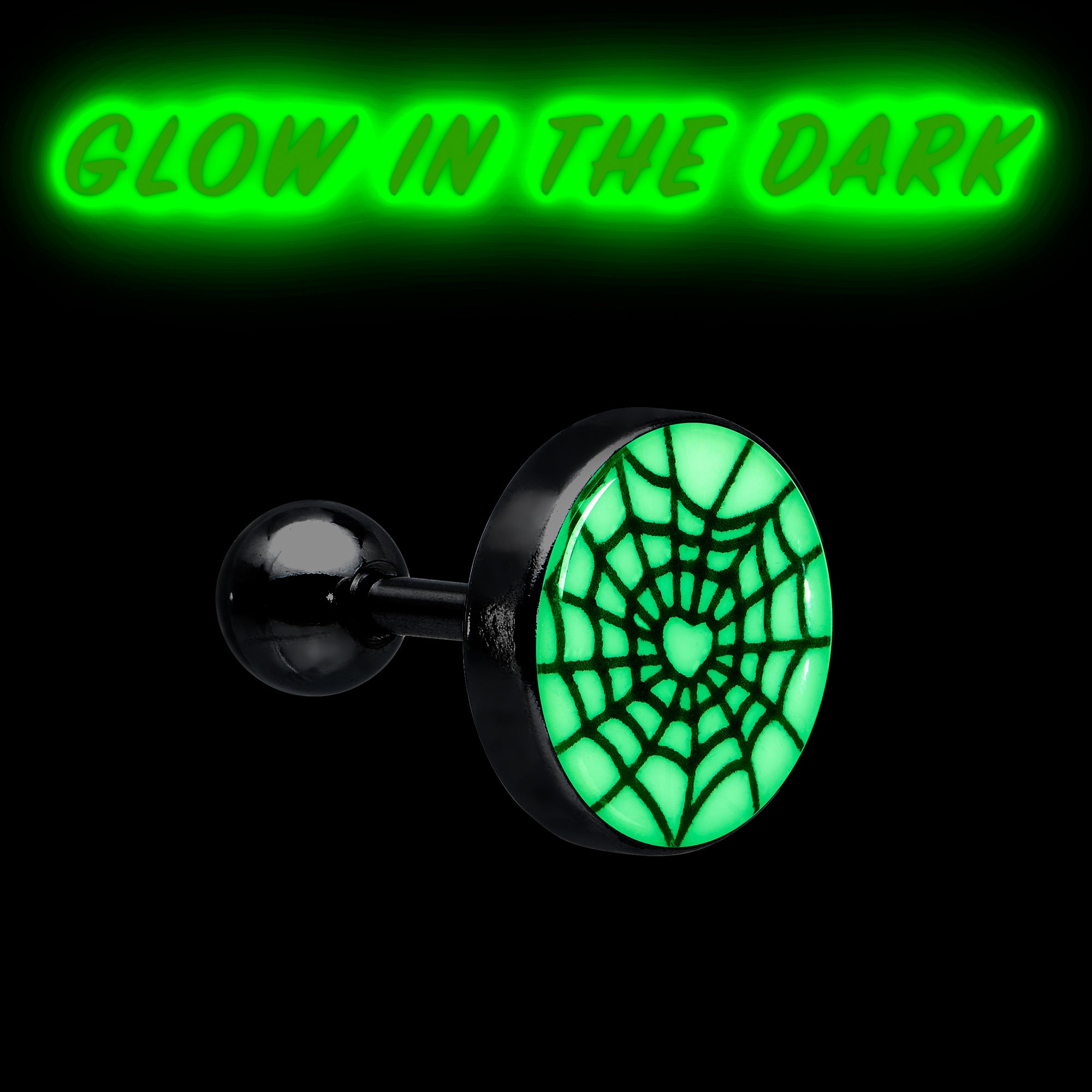 16 Gauge 1/4 Glow in the Dark Heart Spider Web Cartilage Tragus Earring