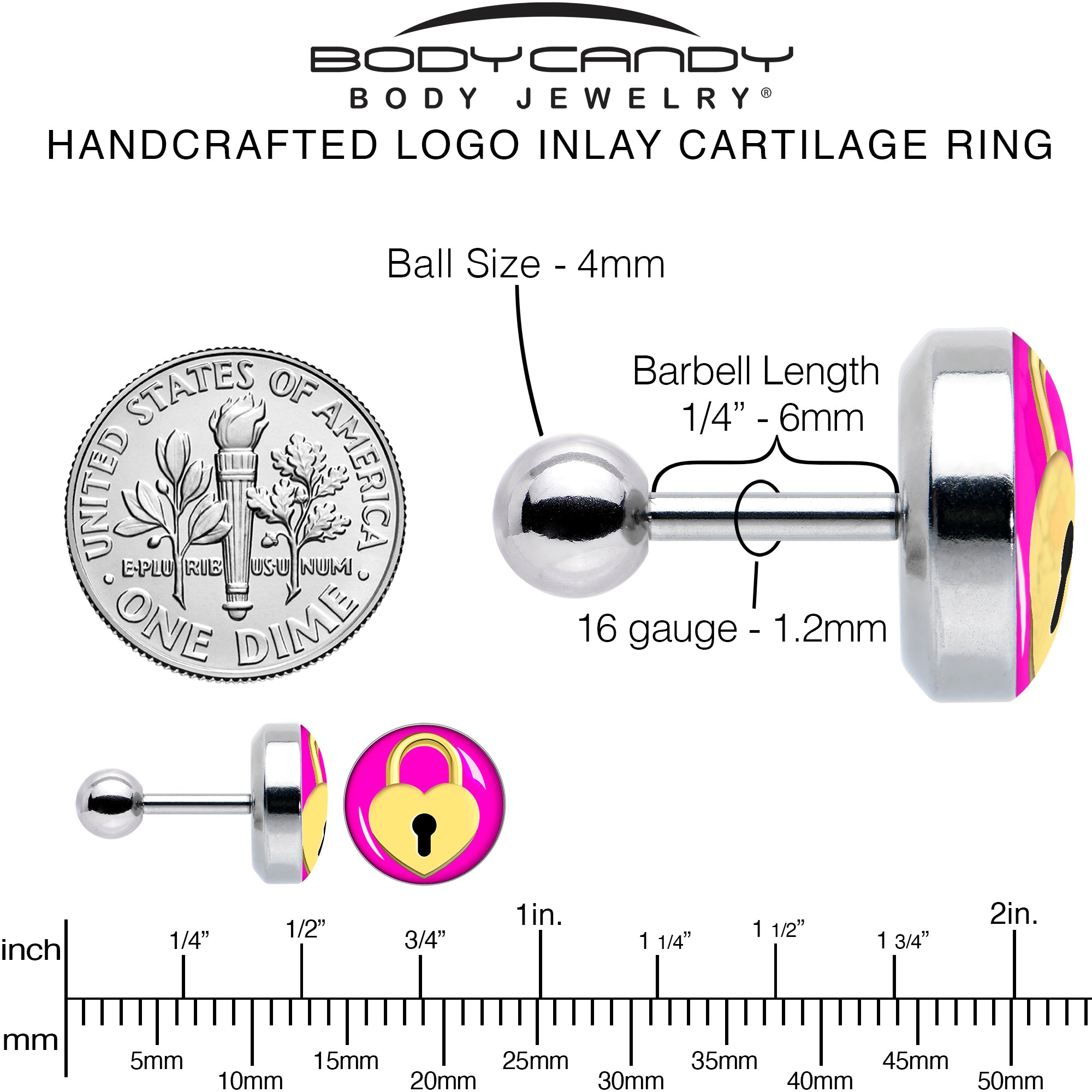 16 Gauge 1/4 Heart Lock Cartilage Tragus Earring